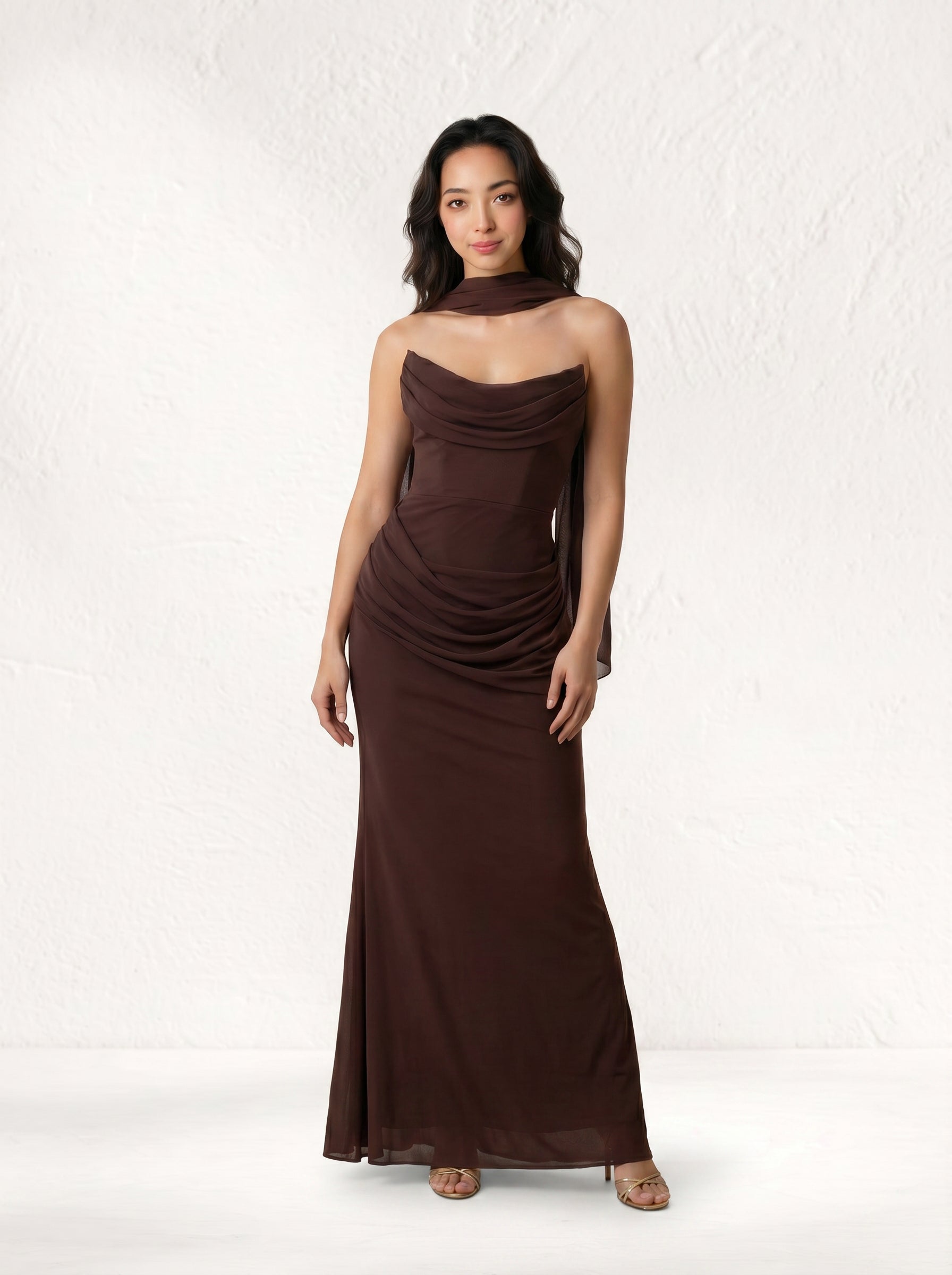 Freya Chocolate Brown Draped Corset Maxi Gown with Chiffon Scarf