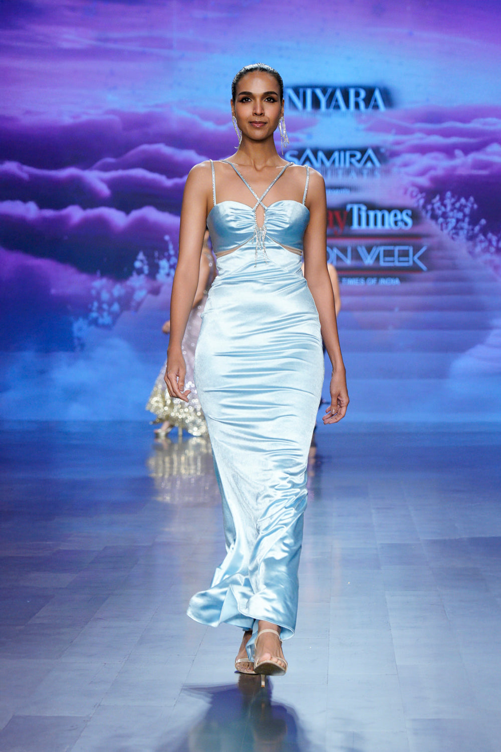 aira celestial satin cut-out gown front view – luxury evening gown for women (front profile)