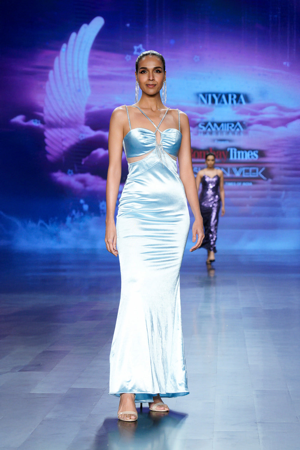 aira celestial satin cut-out gown front view – luxury evening gown for women (front side)