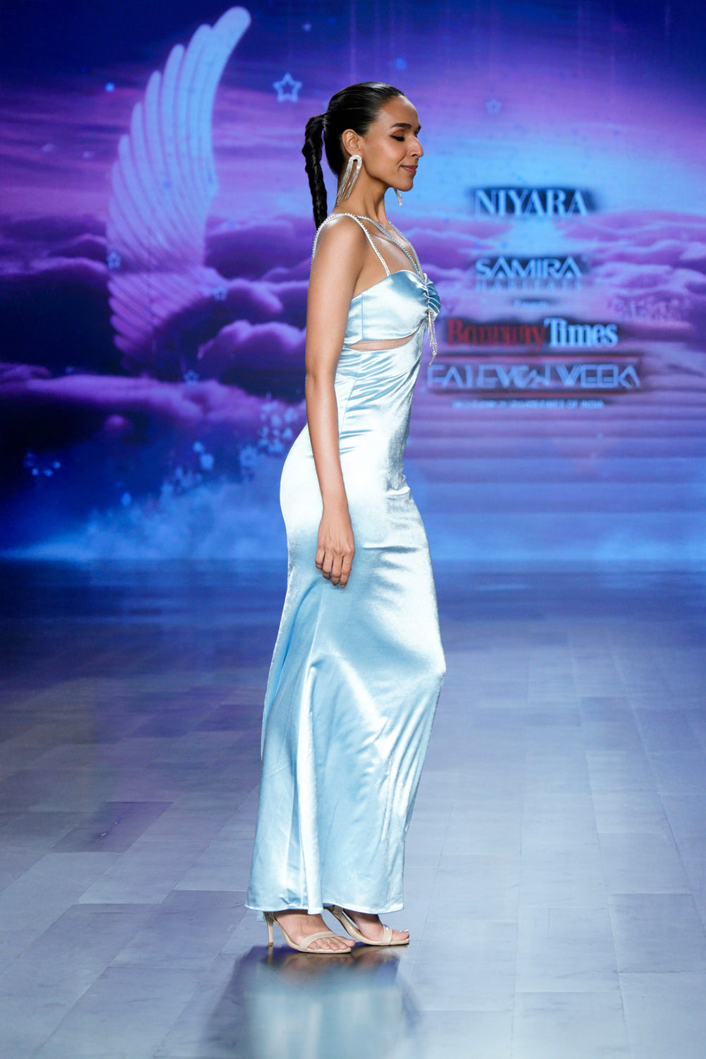 satin gown for wedding reception – Aira Celestial full length (left profile)