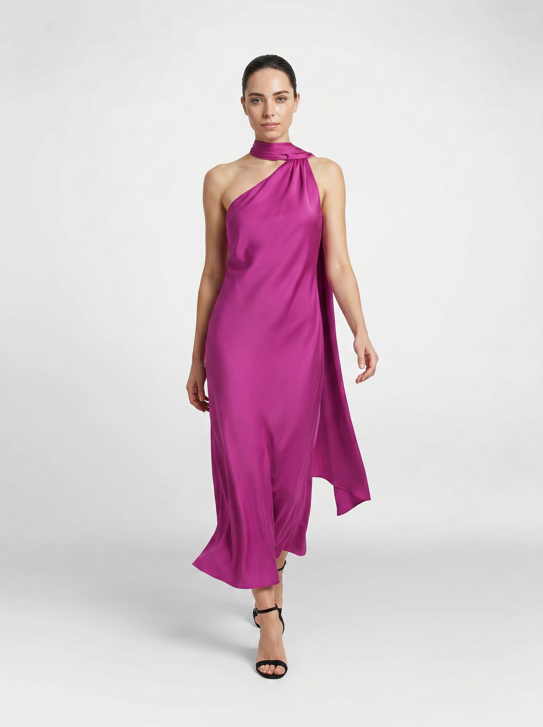 Celine Fuchsia Pink Asymmetric Maxi Gown with High-Neck Scarf Detail