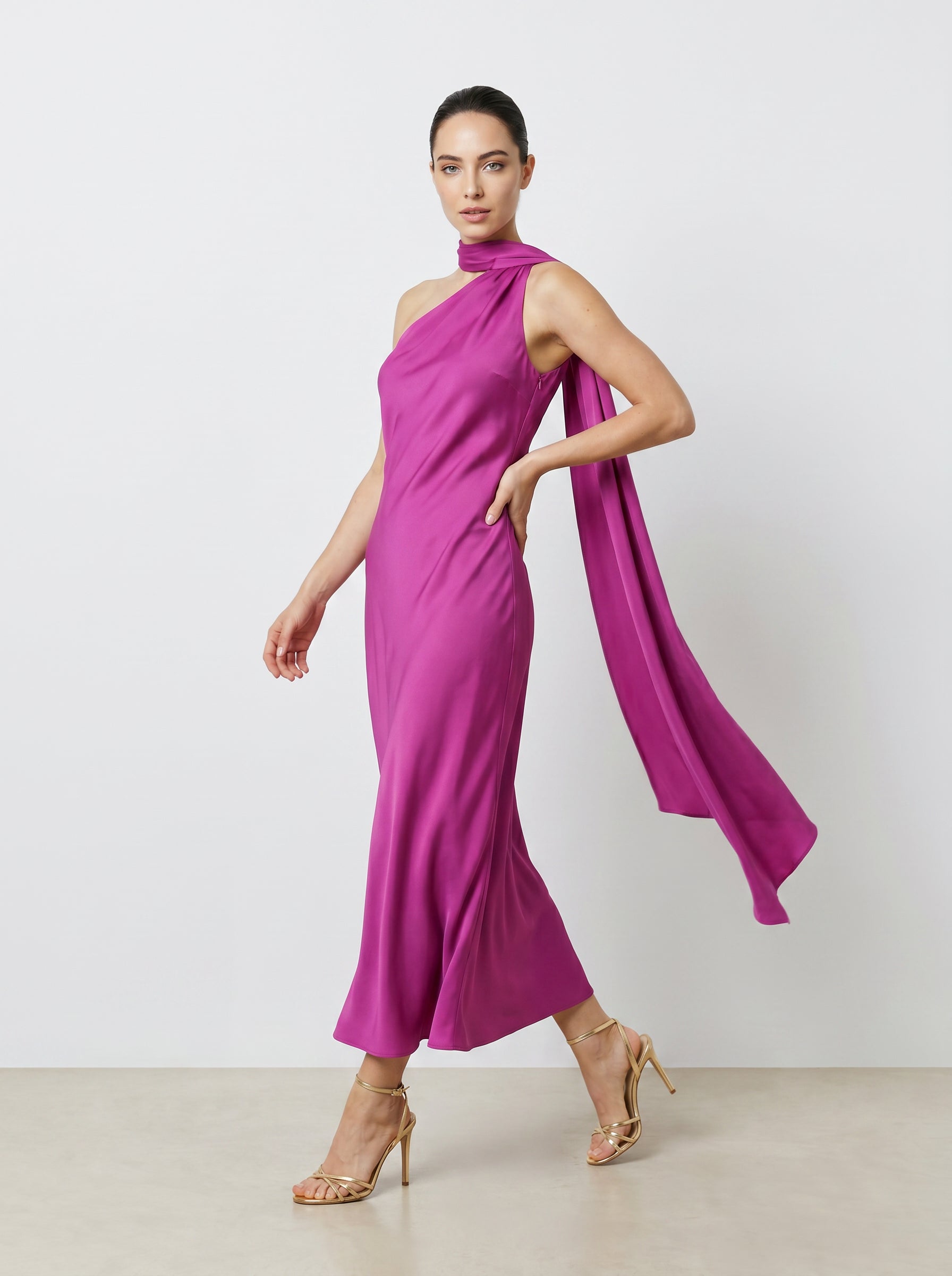 Celine Fuchsia Pink Asymmetric Maxi Gown with High-Neck Scarf Detail