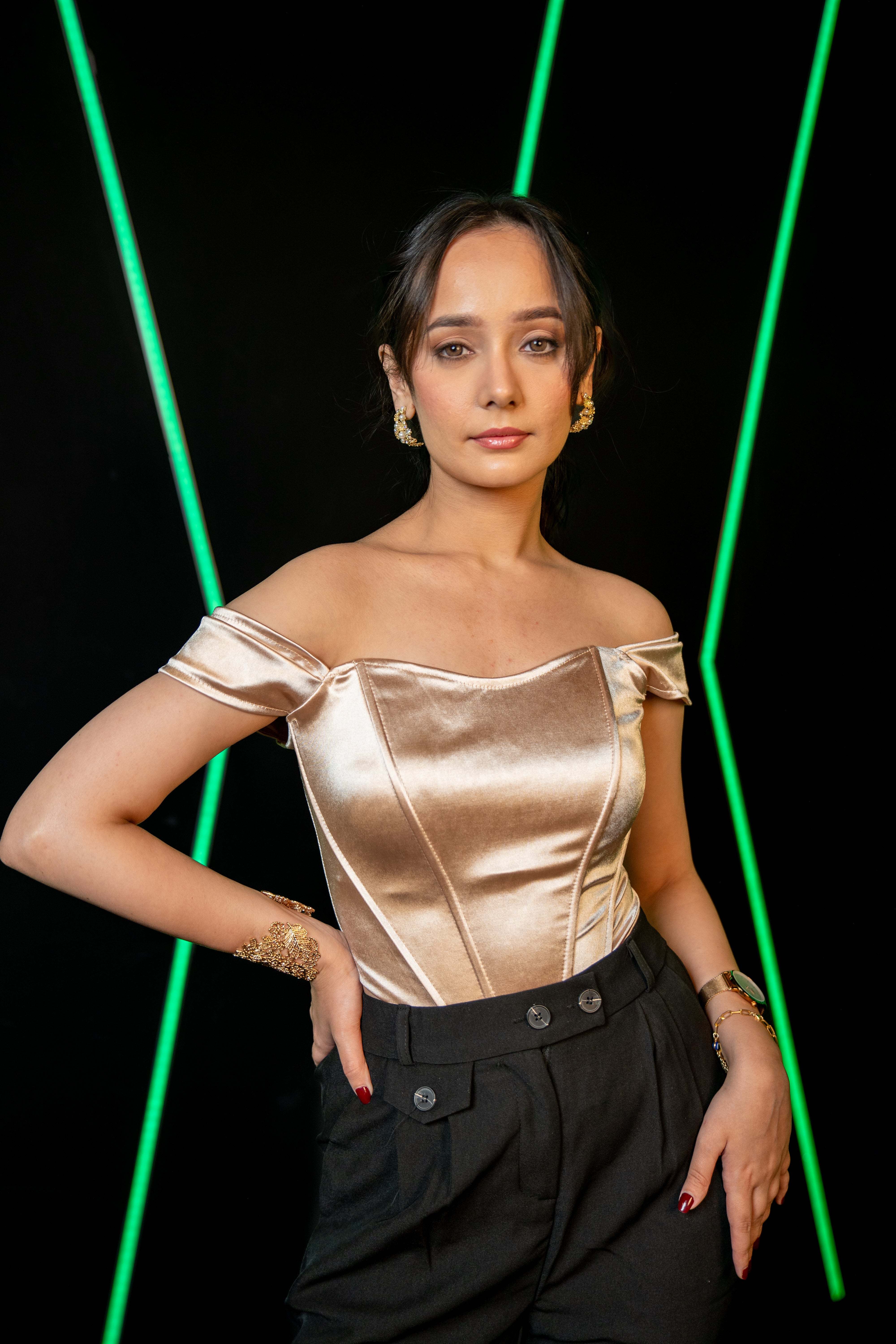 woman wearing Champagne off-shoulder corset top for women