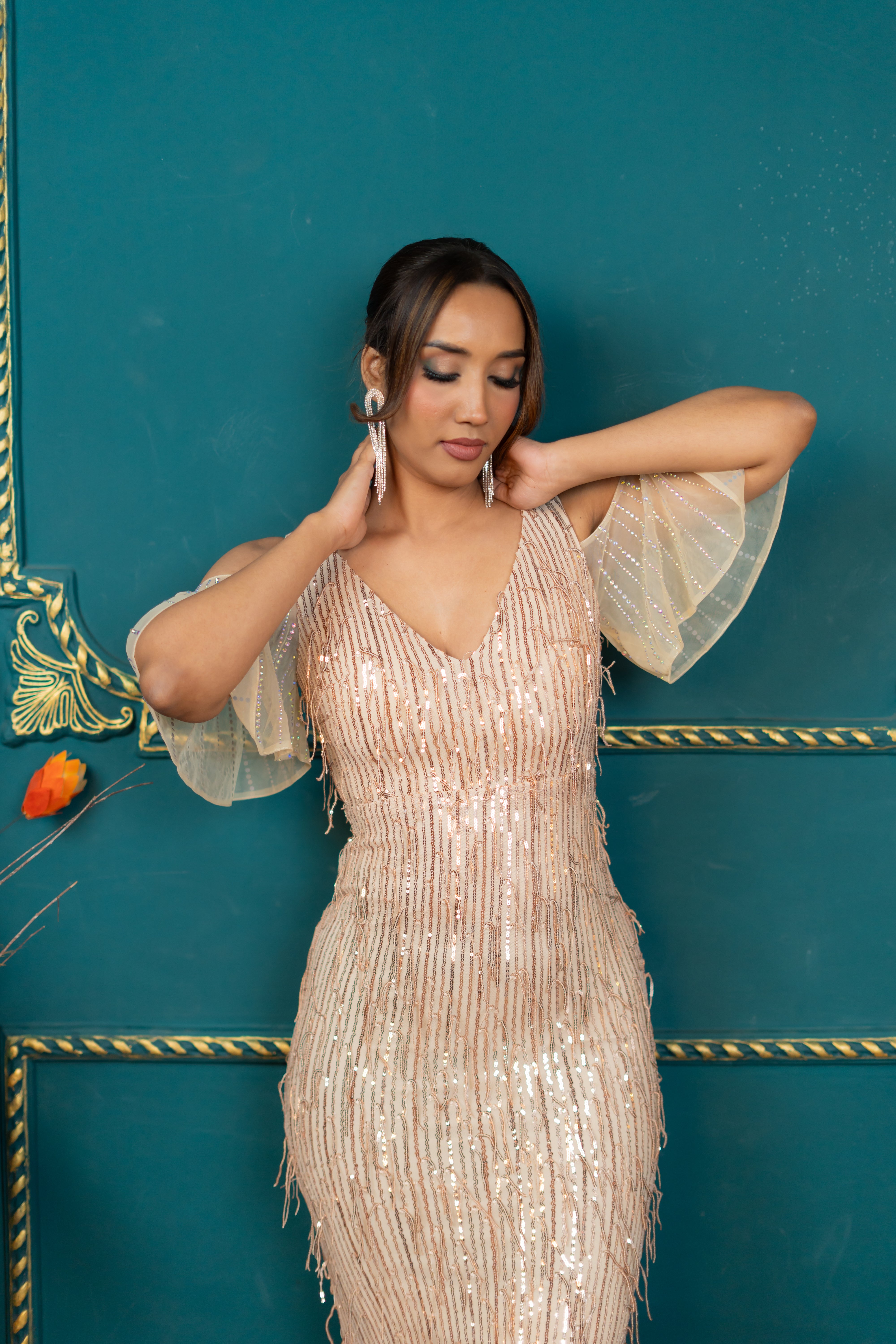 evening gown with sheer beaded sleeves – niyara fashion (Gold, close up)