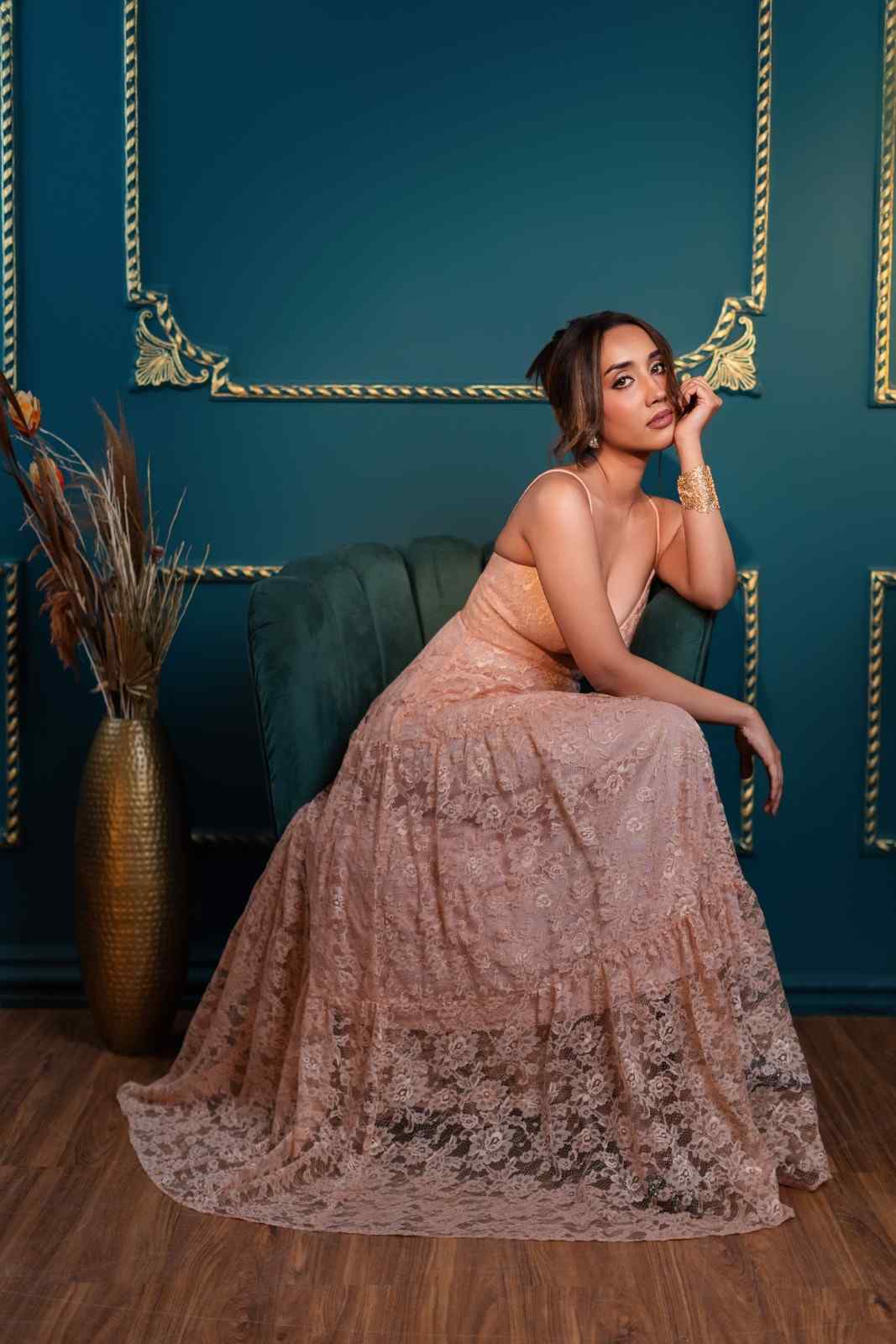 Mrinalini Pink Lace Gown | Elegant Evening Dress for Women - NIYARA India Mrinalini Pink Lace Gown | Elegant Evening Dress for Women - NIYARA India