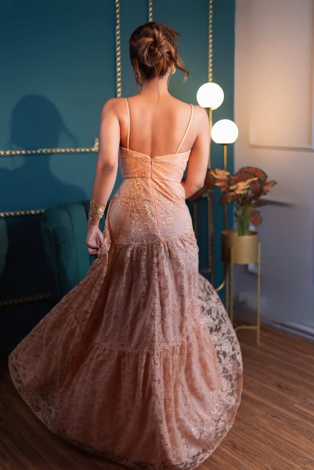 Mrinalini Pink Lace Evening Gown – Romantic Blush Formal Dress for Women