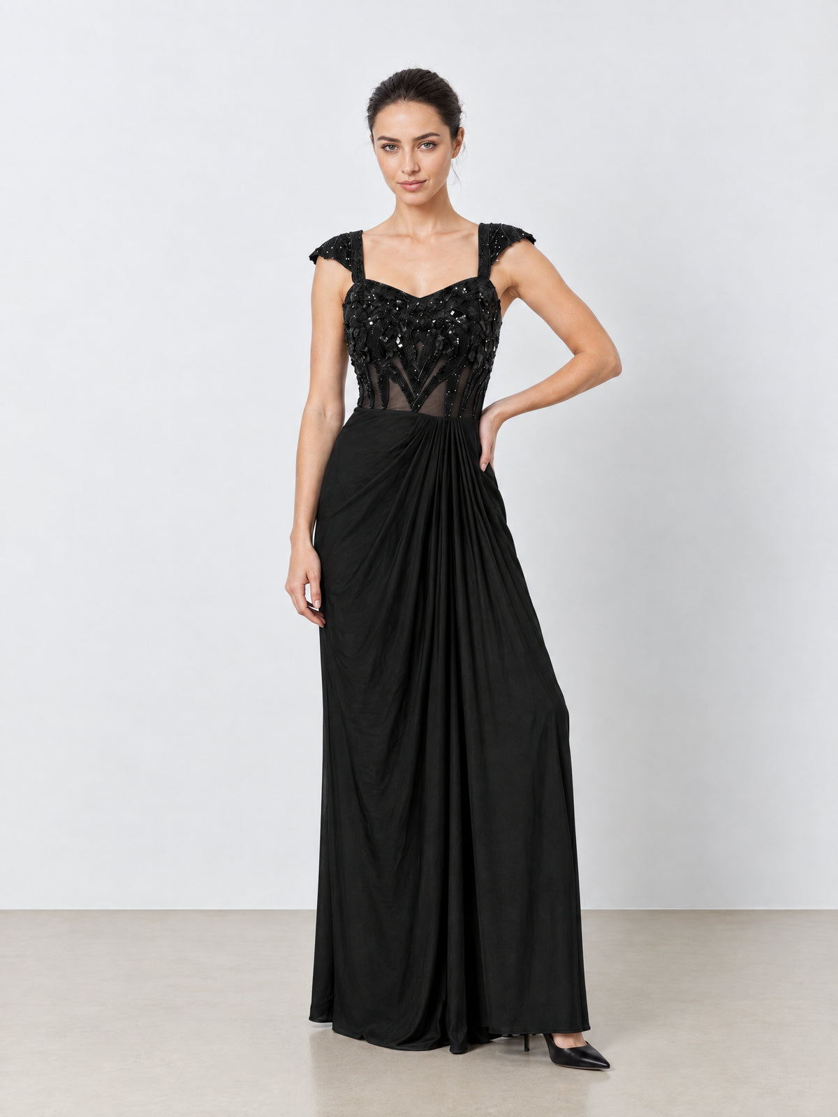 Veya Midnight Black Corset & Draped Evening Gown