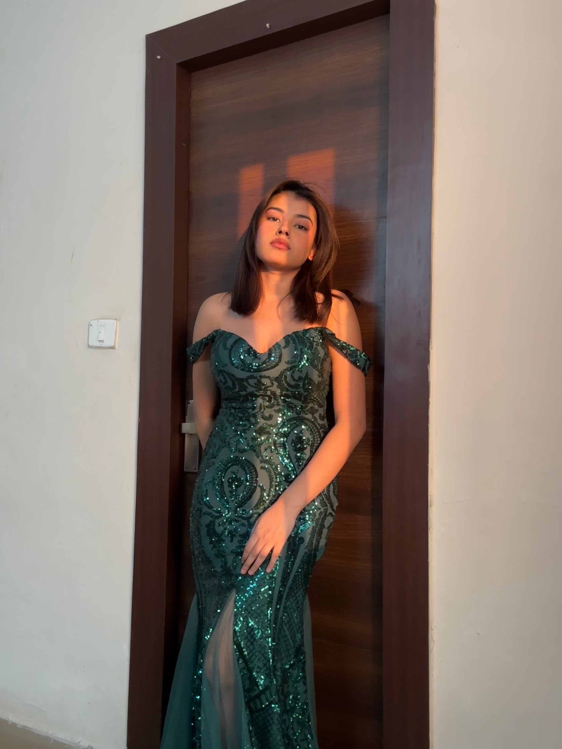 Shubhra Emerald Green Sequin Gown – Hand-Embroidered Evening Elegance.