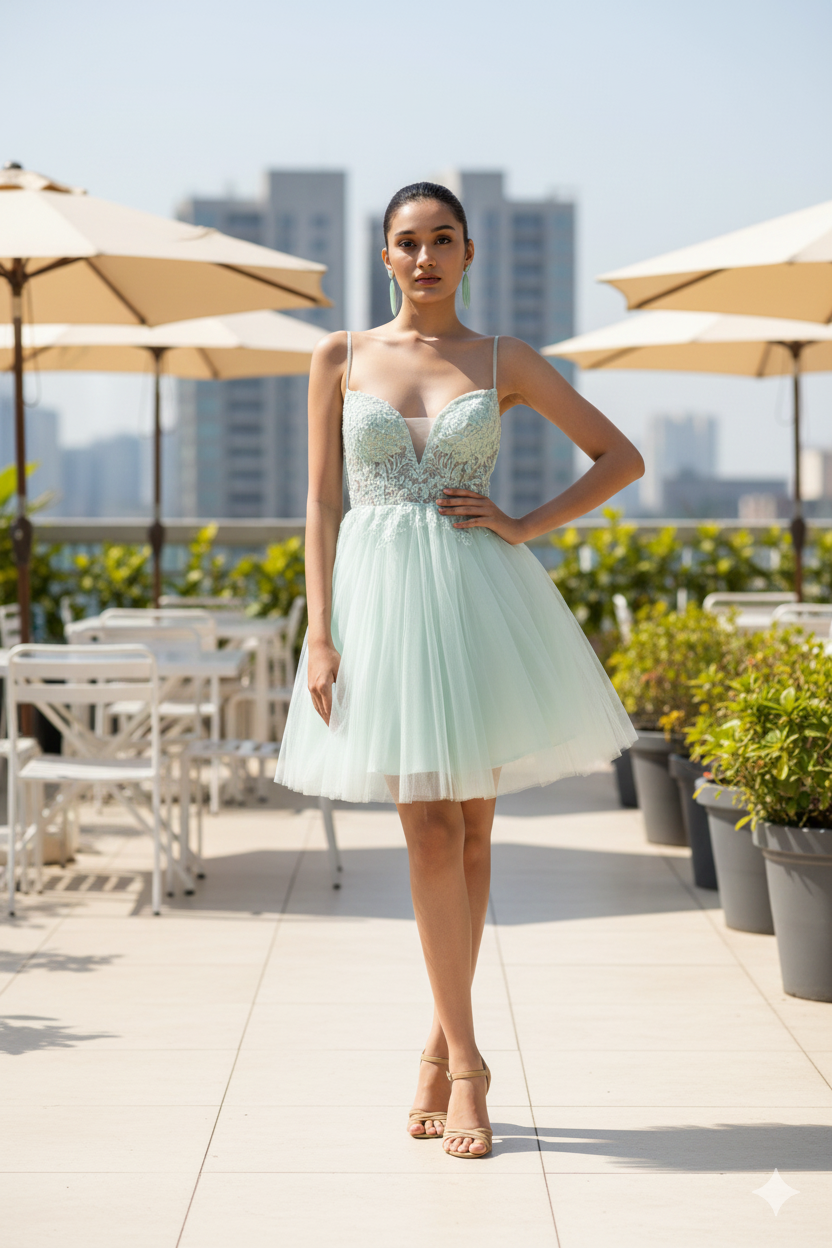 Emerielle Embroidered Tulle Mini Dress – Mint Green Elegance