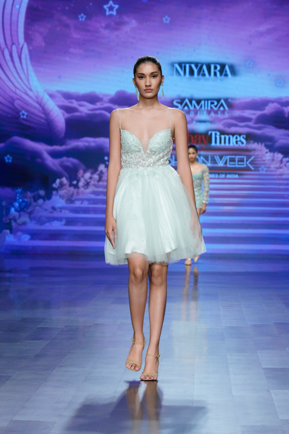 Mint green embroidered mini dress for women