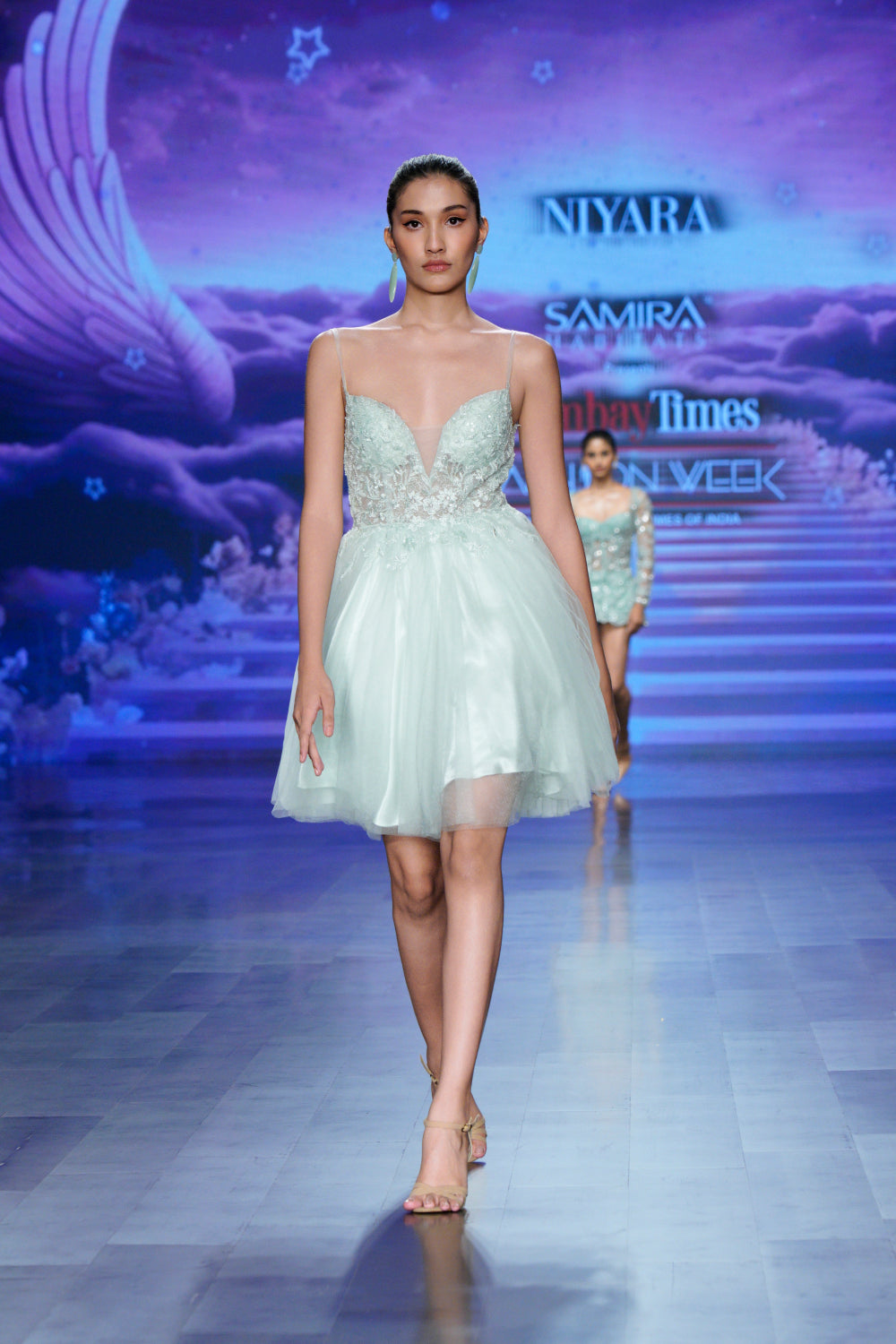 Floral tulle cocktail dress with sheer neckline