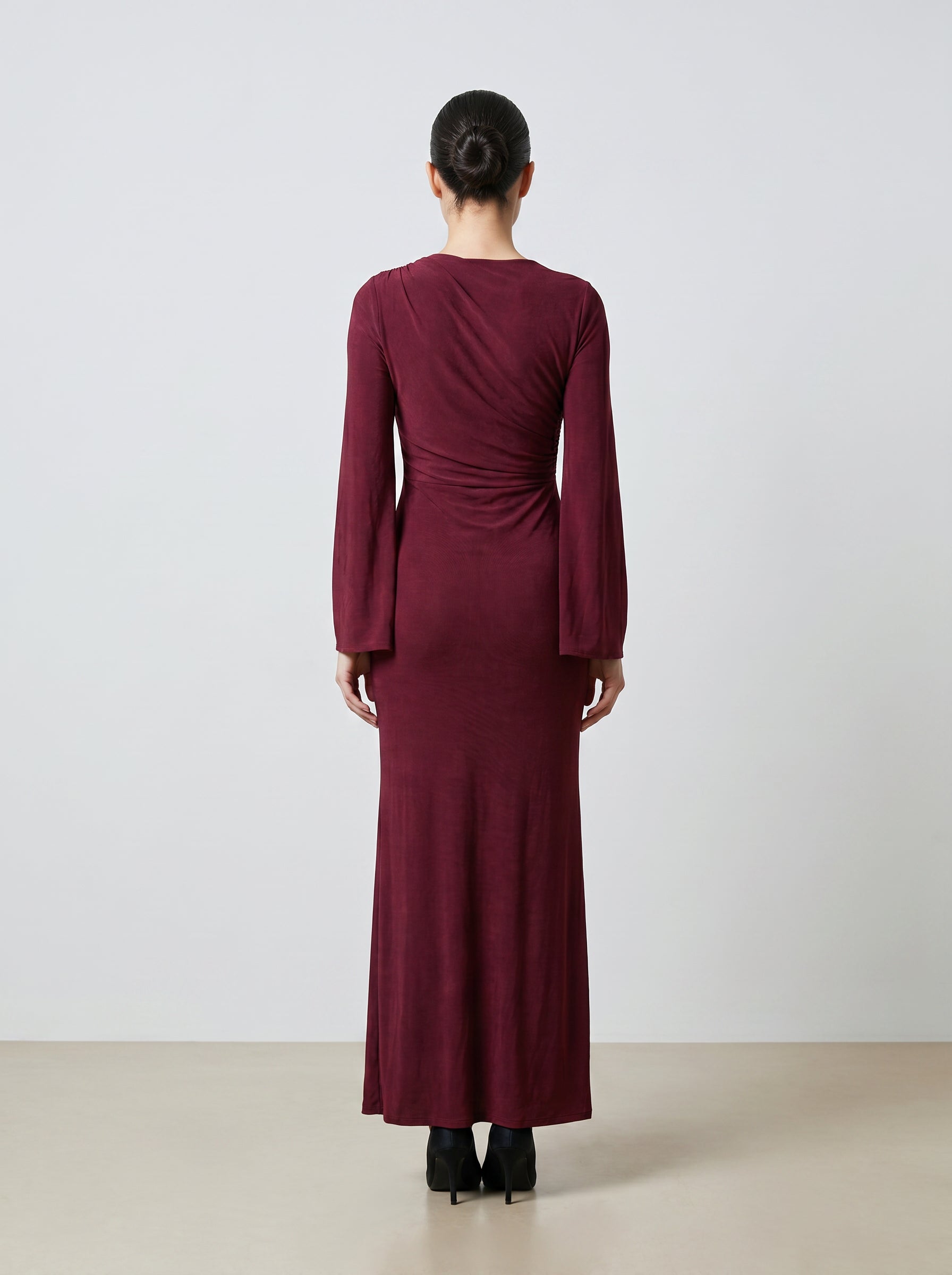 Genevieve Wine Ruched Split-Sleeve Gown
