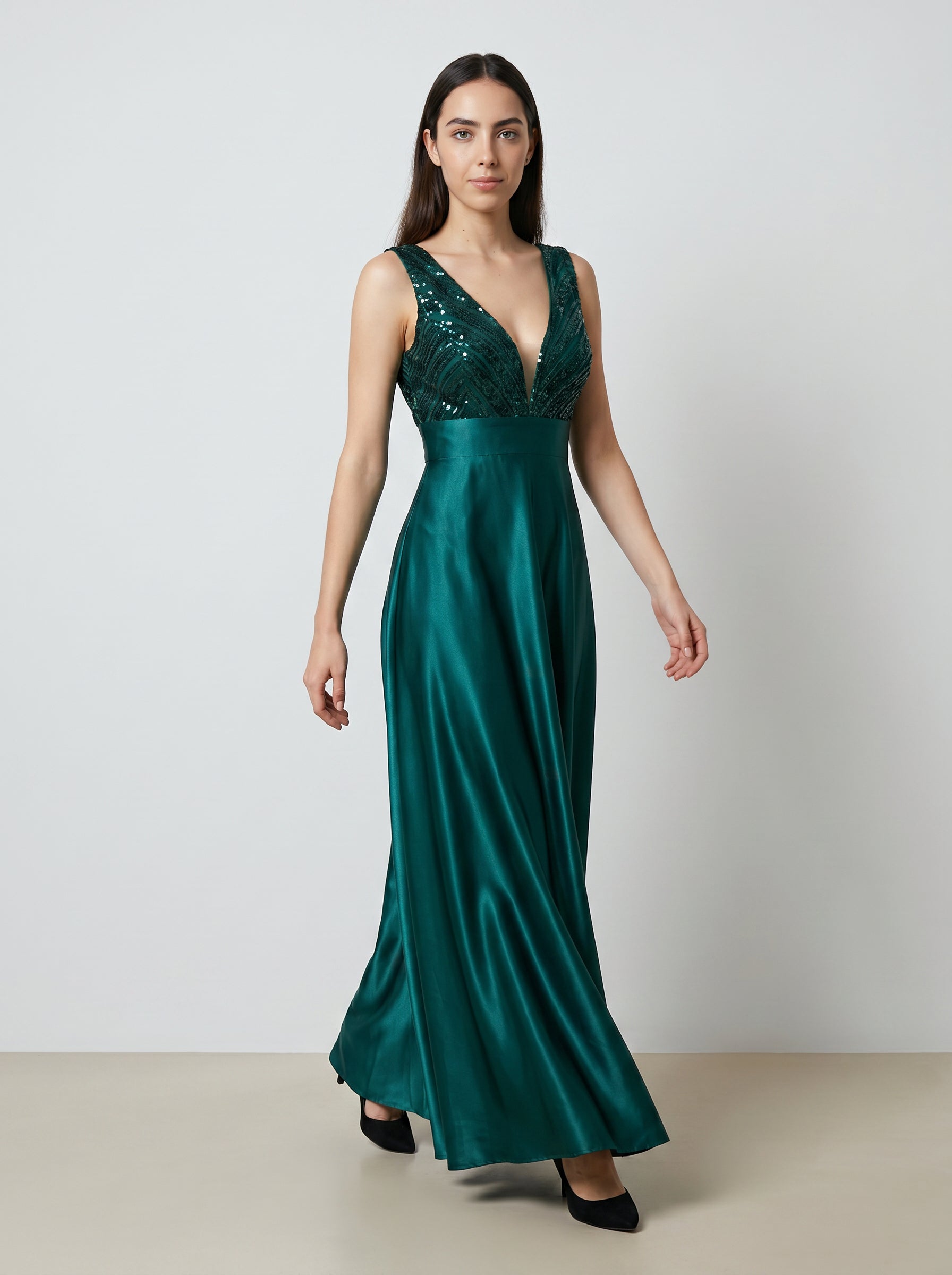 Ira Deep V-Neck Embellished Empire-Waist Gown