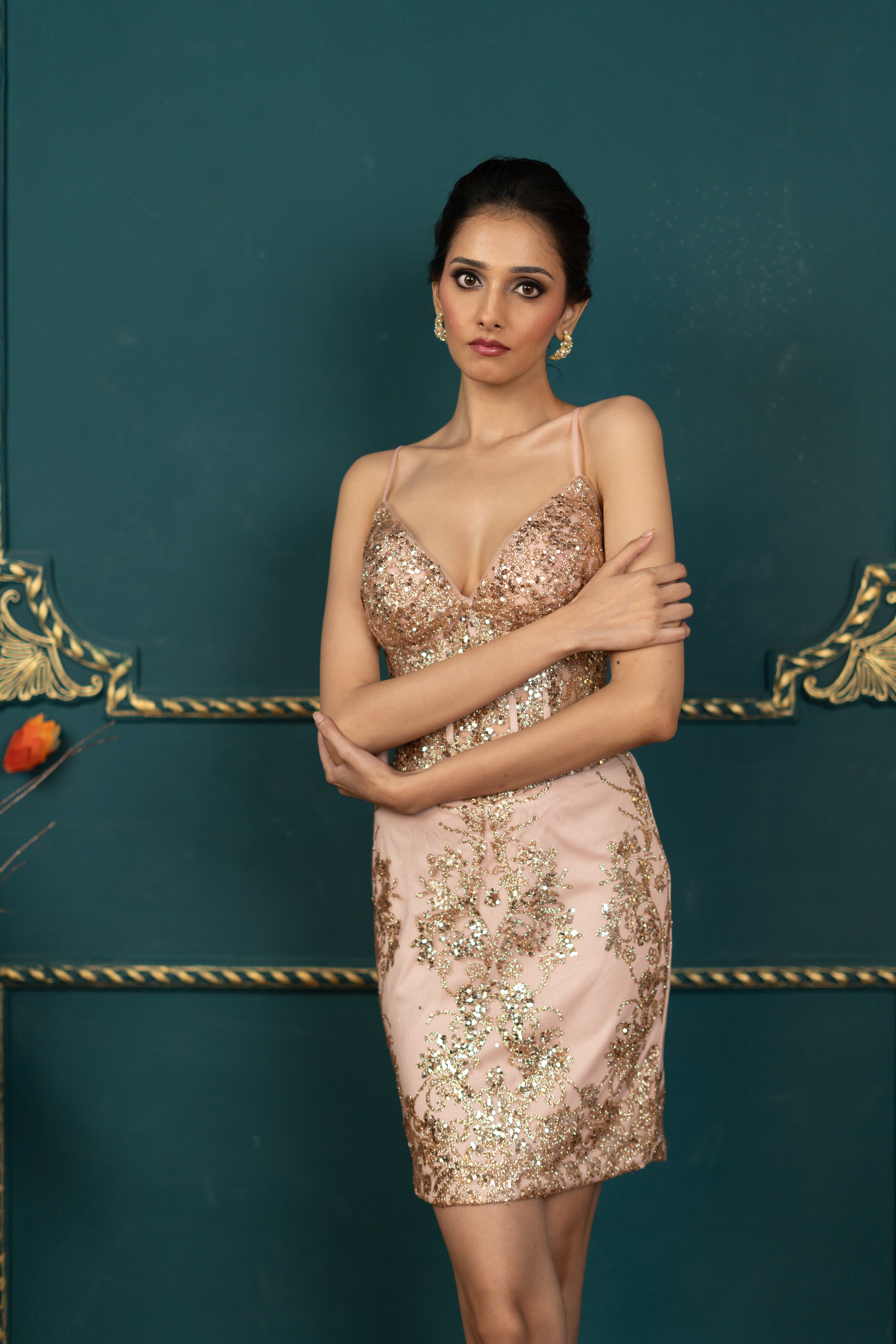 Embroidered pink cocktail dress for parties (front side)