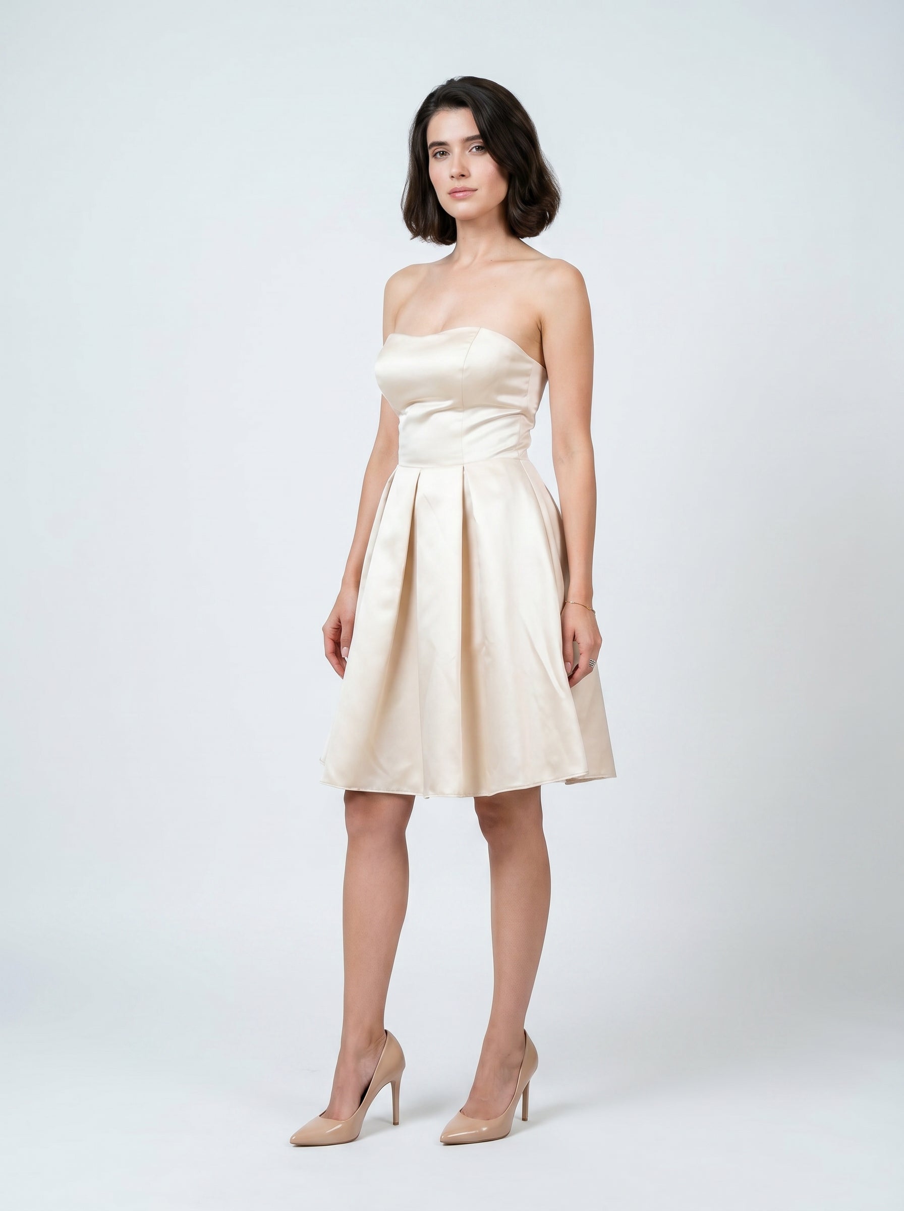 Kavya Champagne Satin Fit & Flare Mini Dress : Elegant Party-wear for Women
