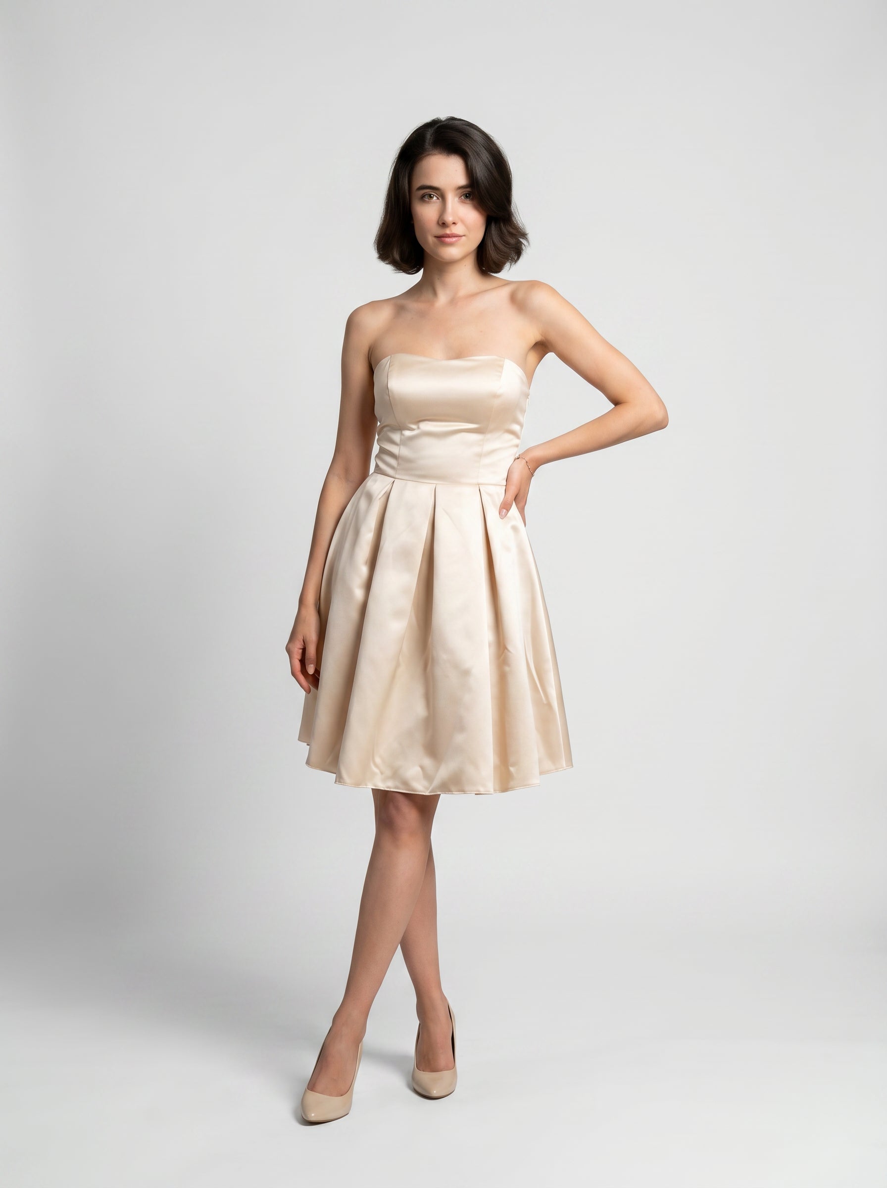Kavya Champagne Satin Fit & Flare Mini Dress : Elegant Party-wear for Women