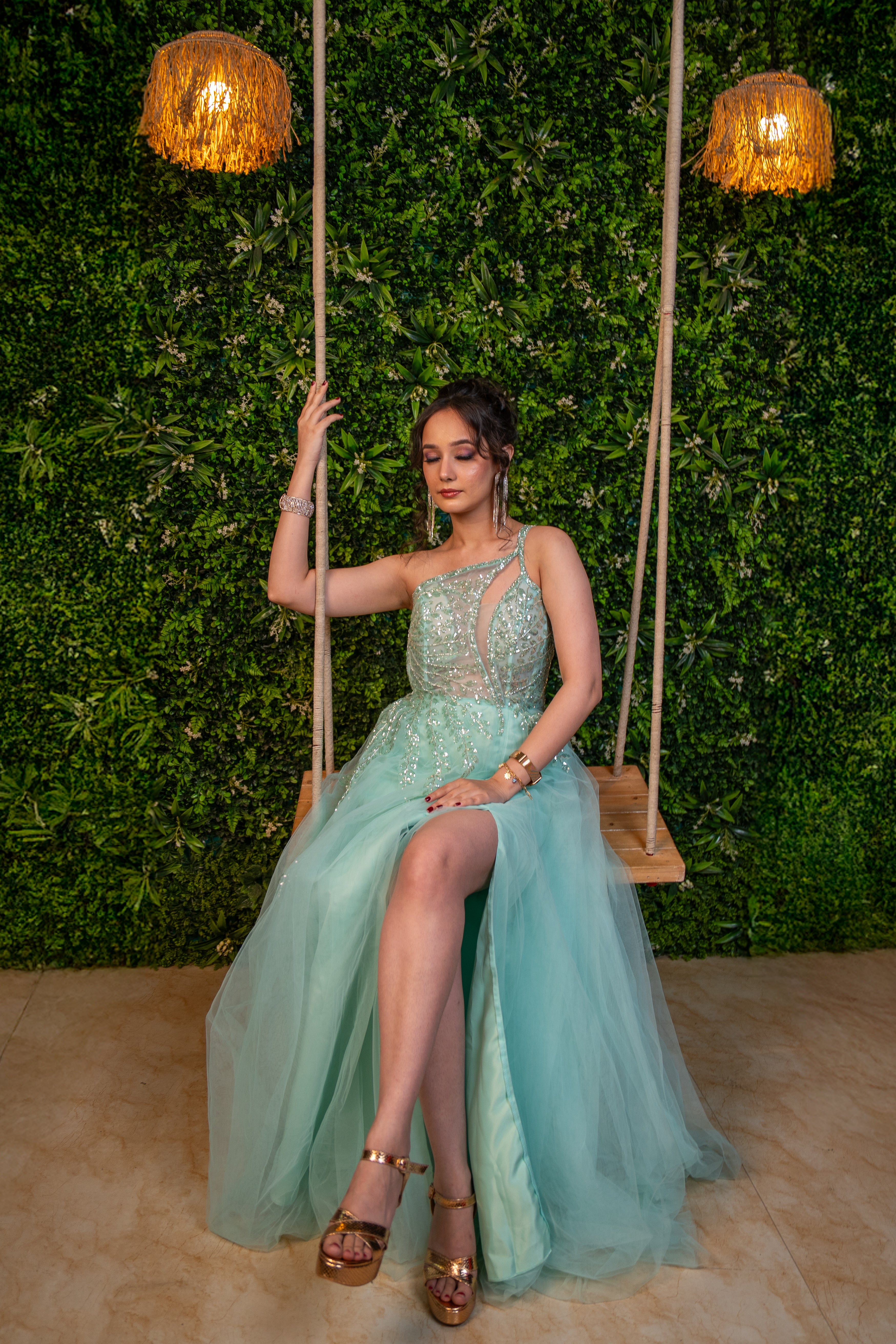 kiyana mint green embellished gown – one shoulder evening dress (right profile)