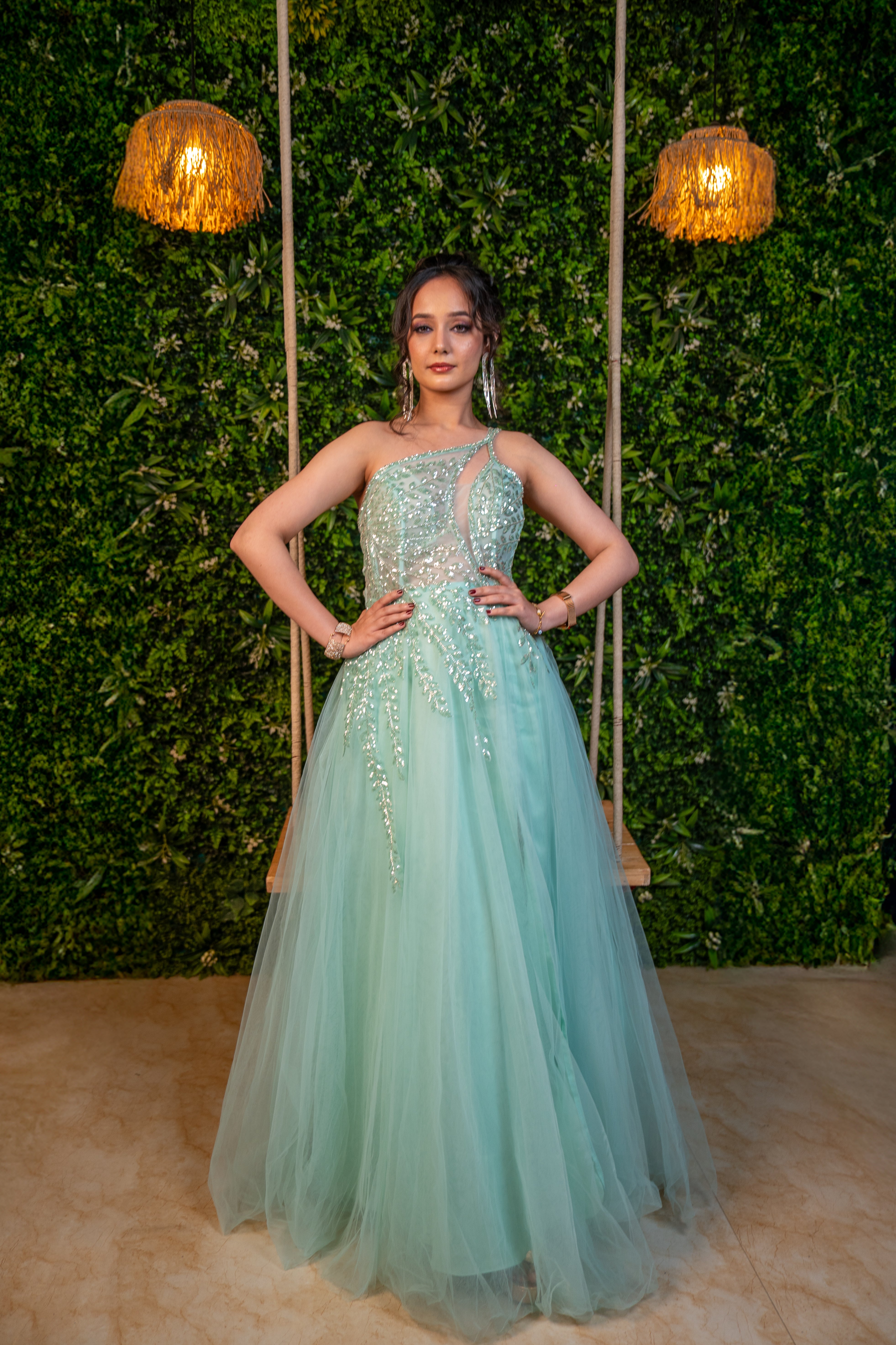 formal tulle gown with sequins – mint green dress for weddings (front profile)