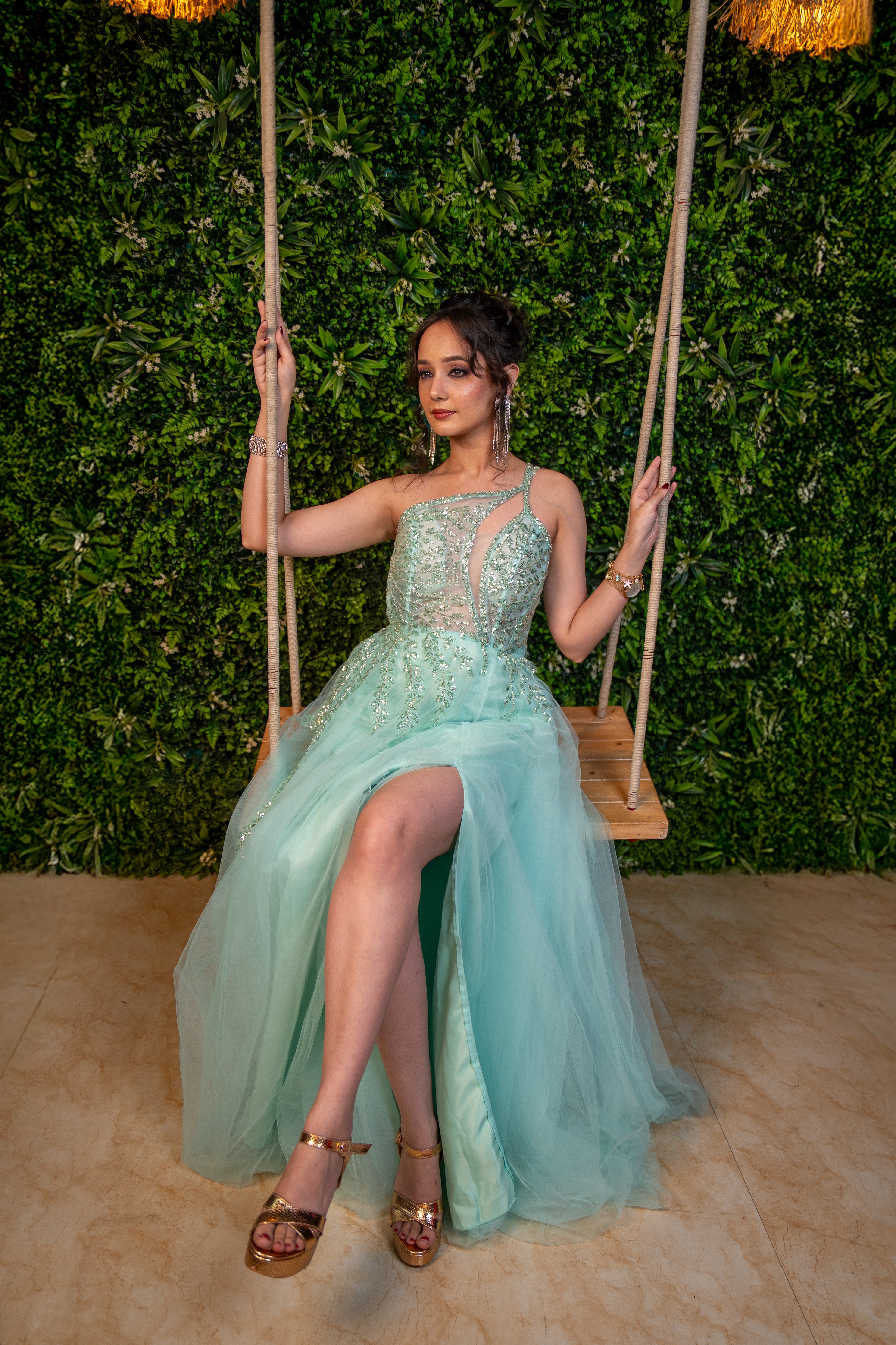 organza long gown – green embellished cocktail dress (seated profile)
