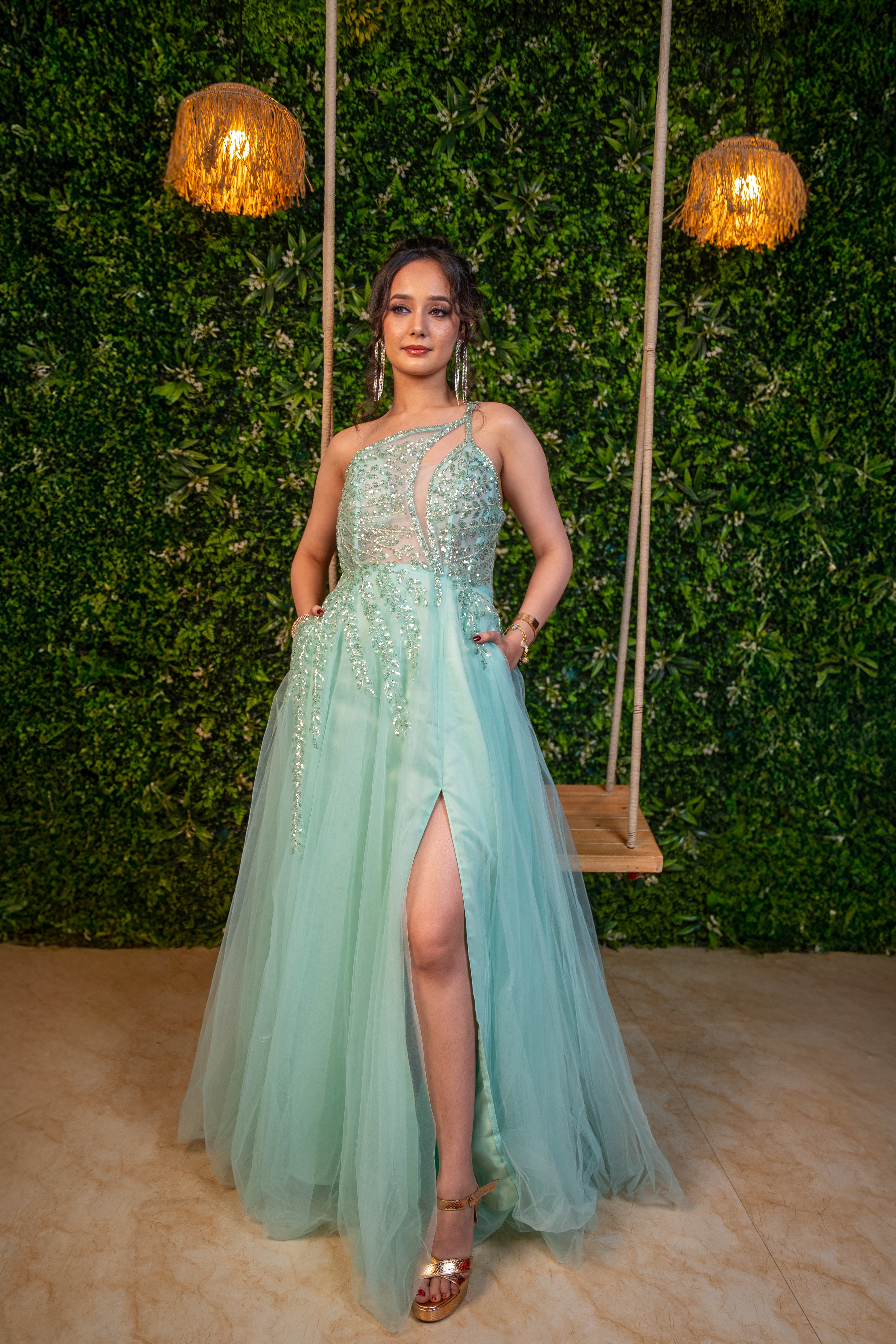 organza long gown – green embellished cocktail dress (front profile)