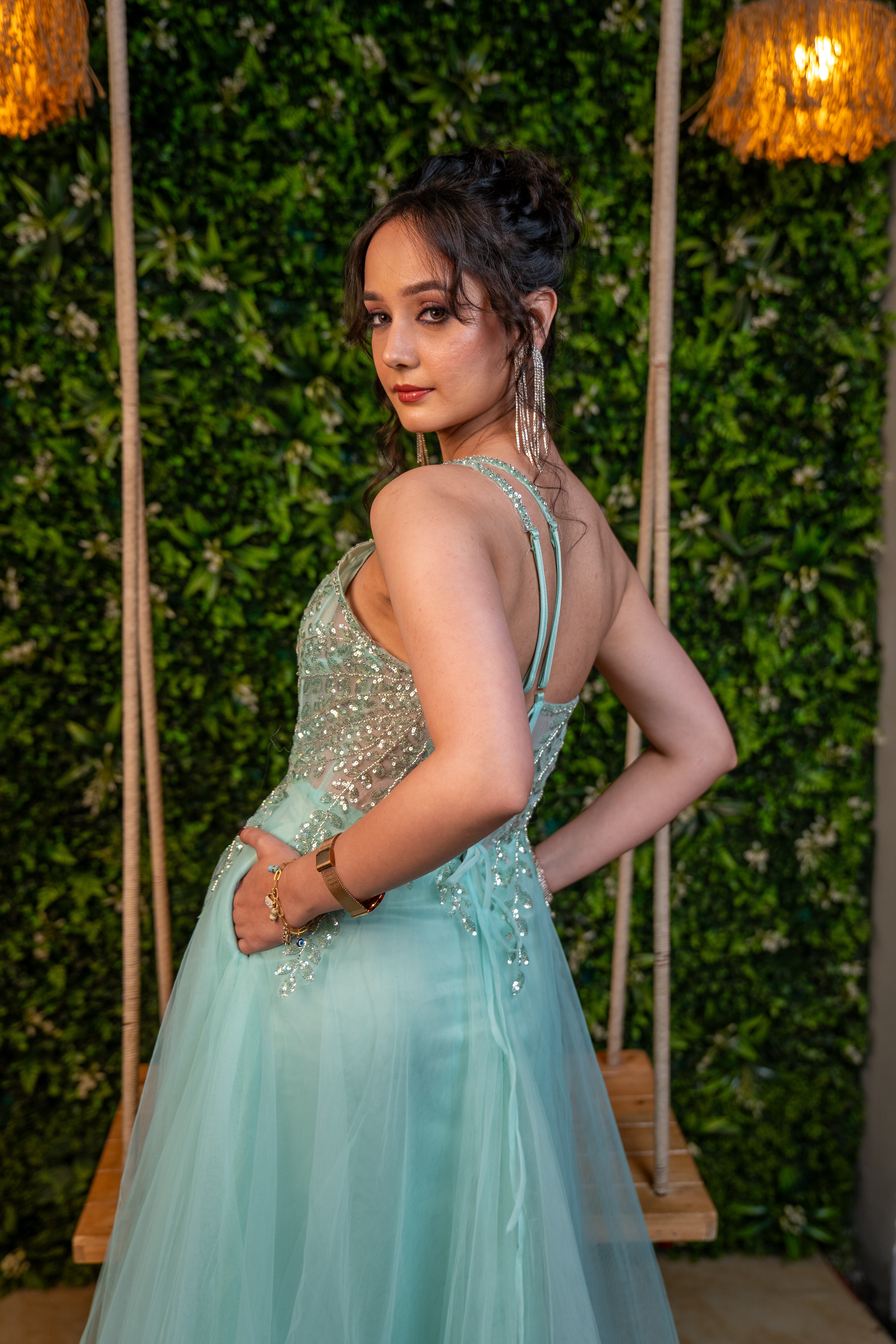 organza long gown – green embellished cocktail dress (back profile)
