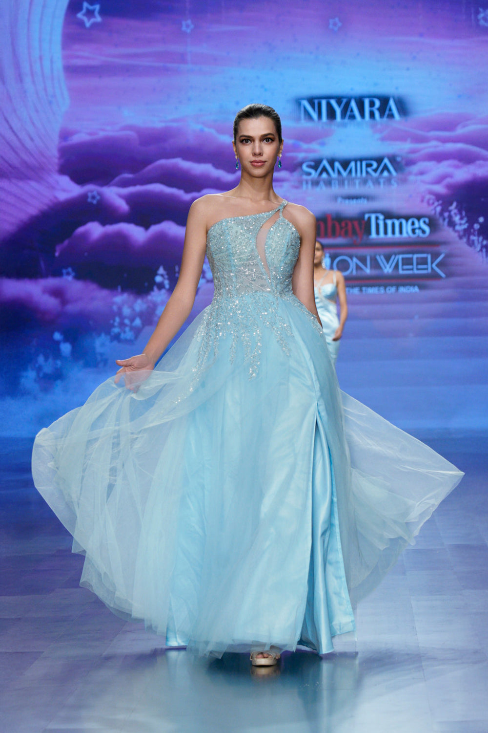 evening tulle gown with sequins – light blue reception dress (front profile)