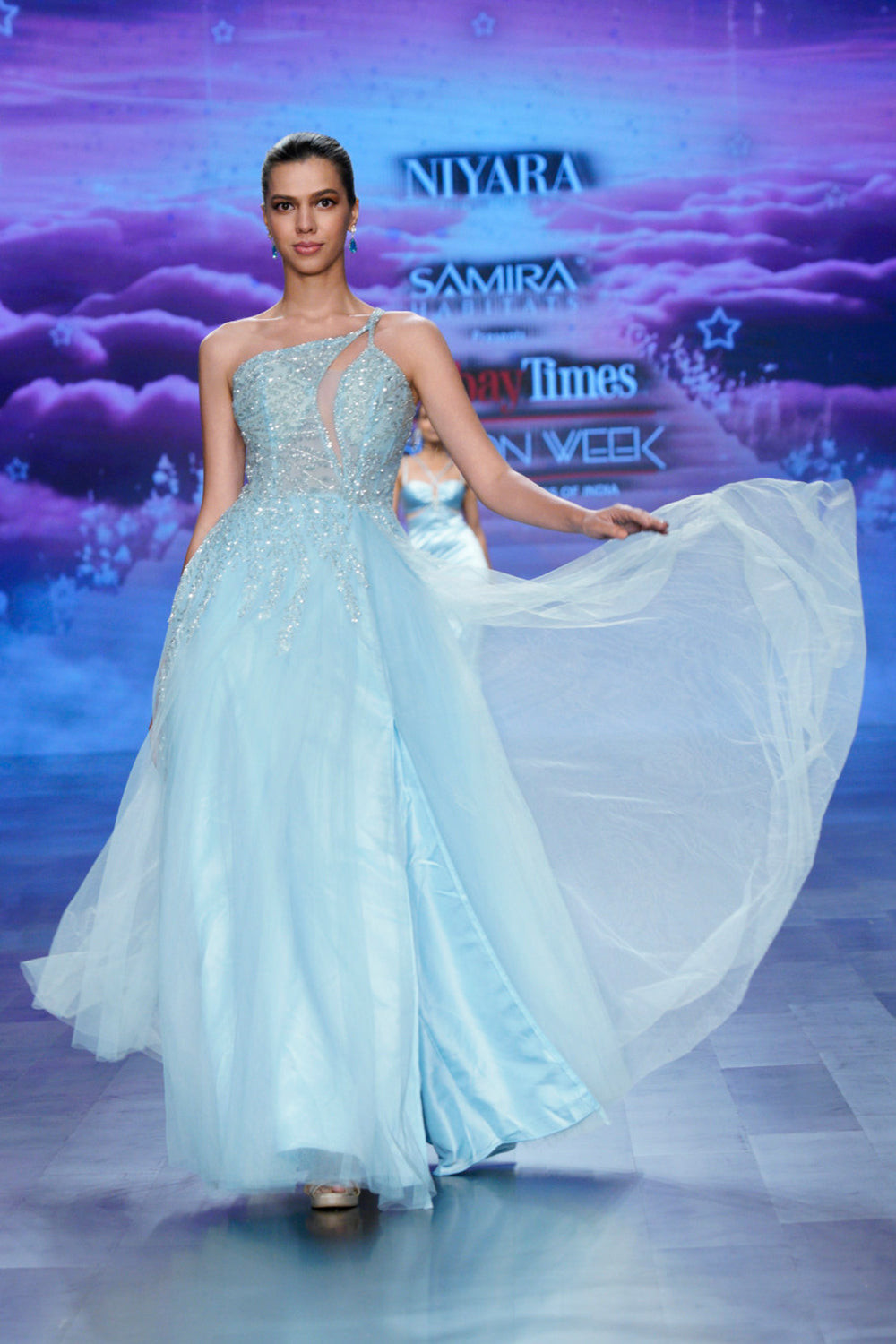 kiyana sky blue embellished gown – one shoulder formal dress (front profile)