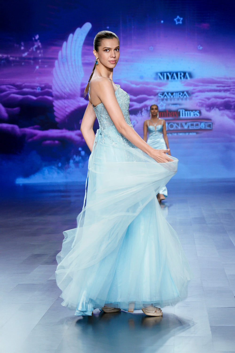 evening tulle gown with sequins – light blue reception dress (left profile)