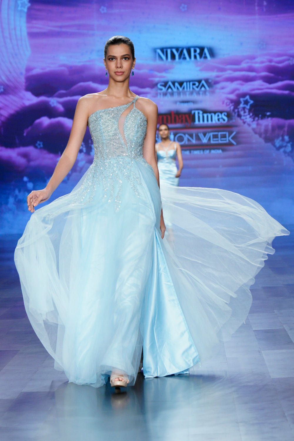 designer sky blue dress for women – wedding guest outfit (front profile)