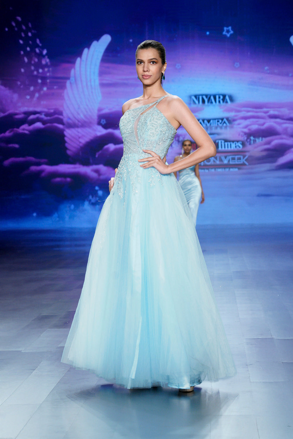 beaded one shoulder gown – blue evening gown for party (right profile)