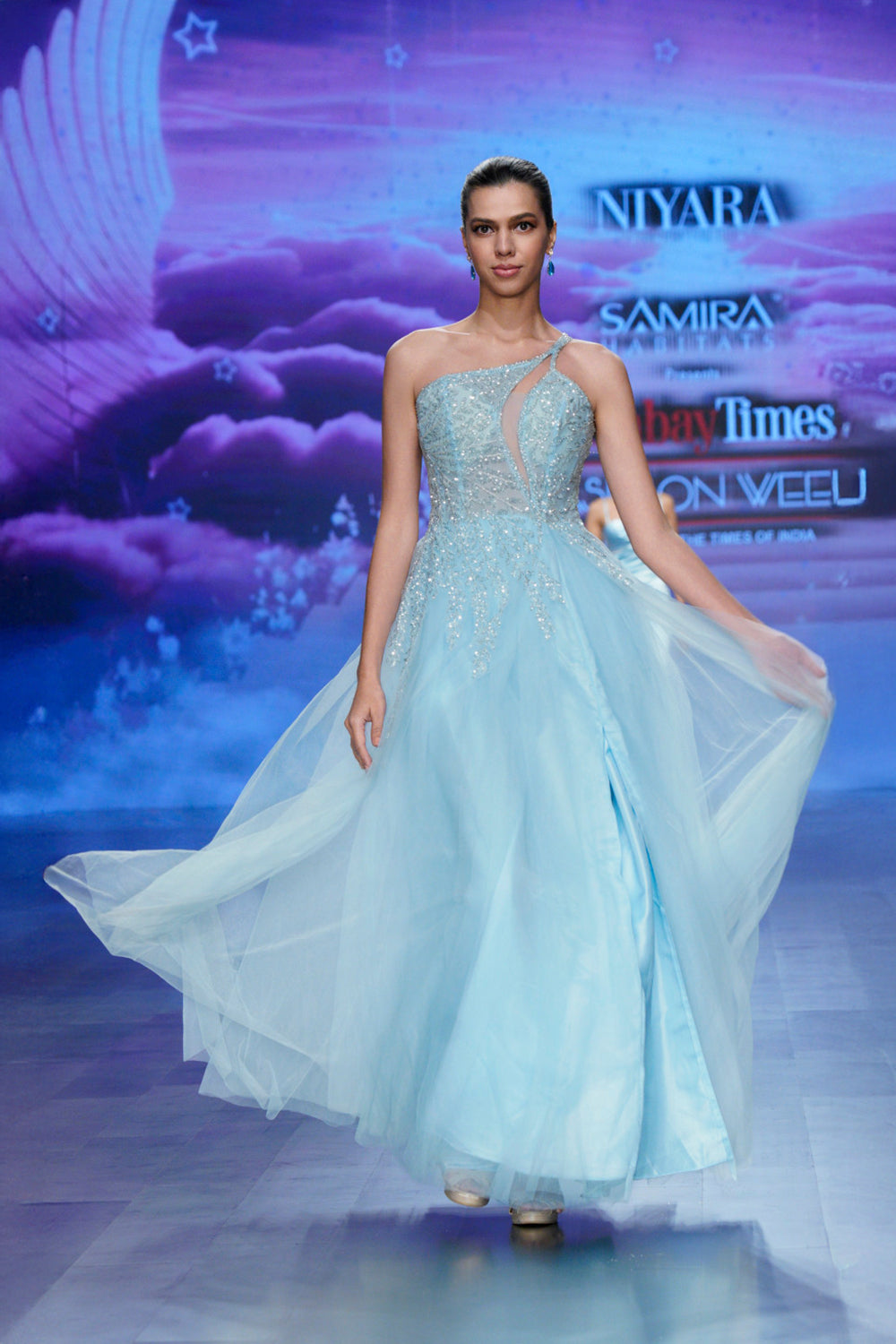 formal embroidered gown – sky blue long dress for events (front profile)