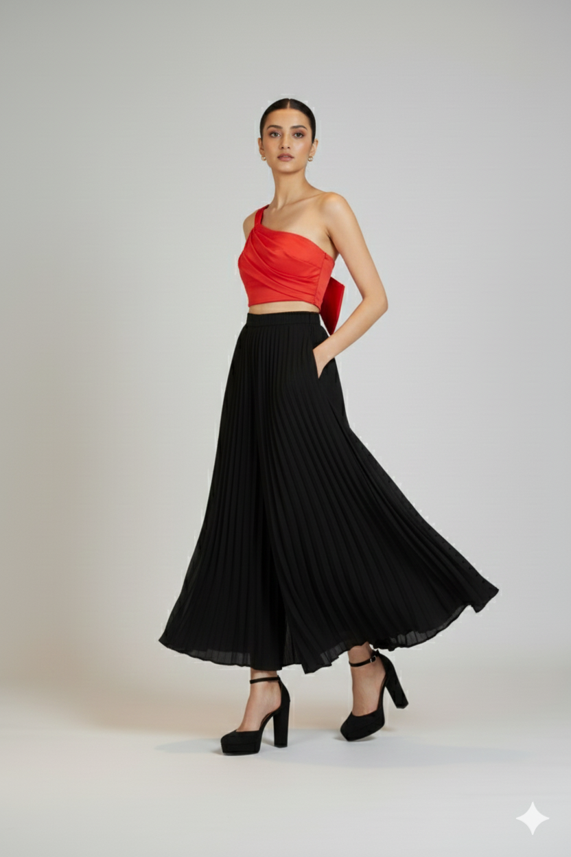 women wearing black pleated trousers