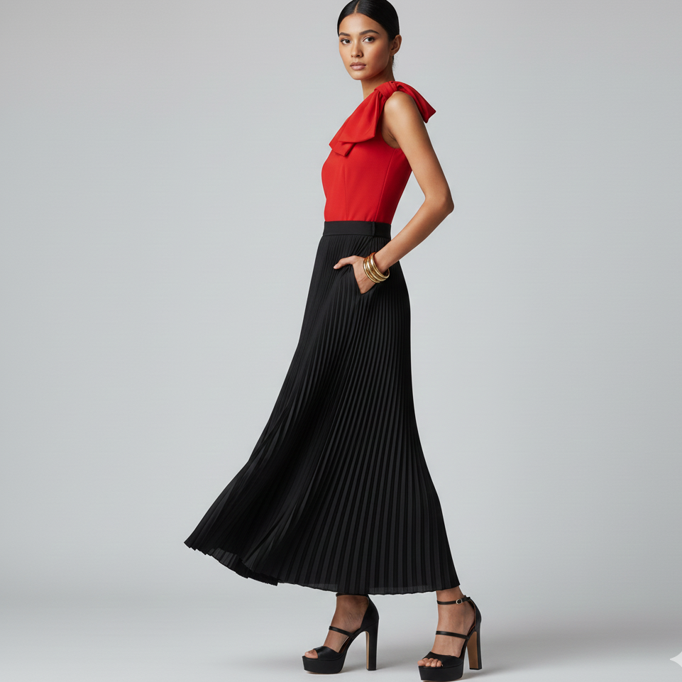 left side of women wearing black pleated trousers