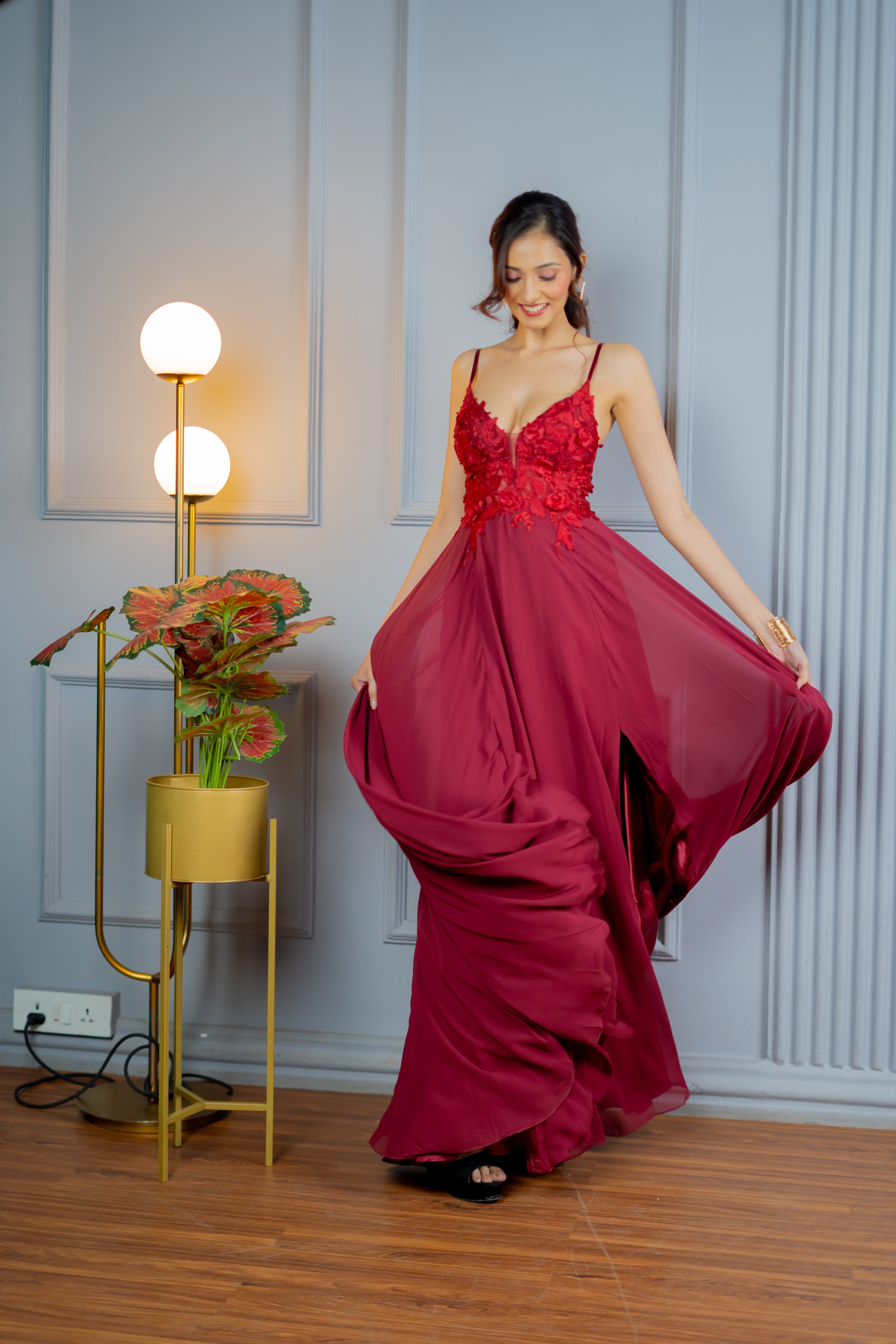 luxury formal dress with slits and layered skirt (front profile)