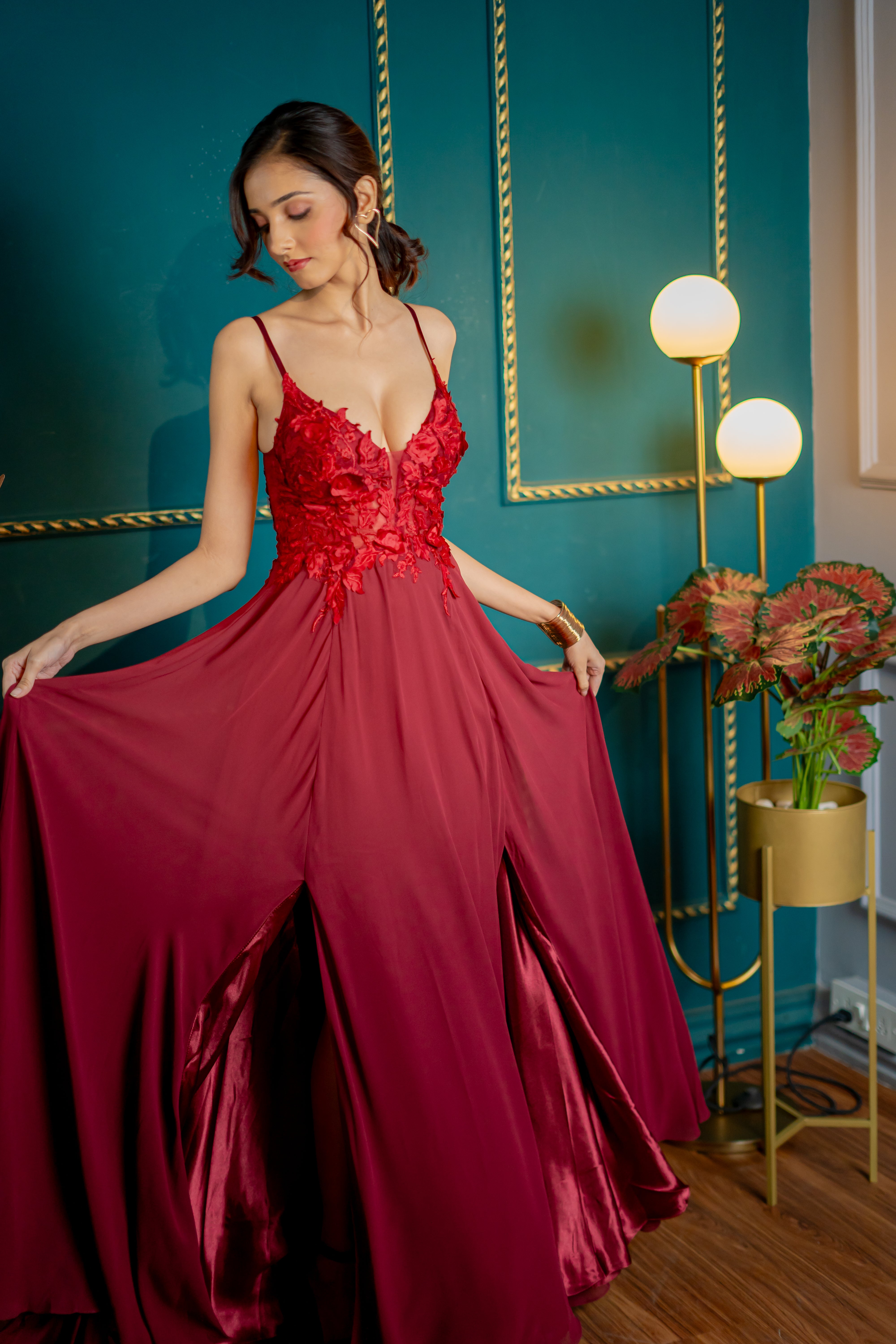 wine red evening dress with hand embroidery (front profile)