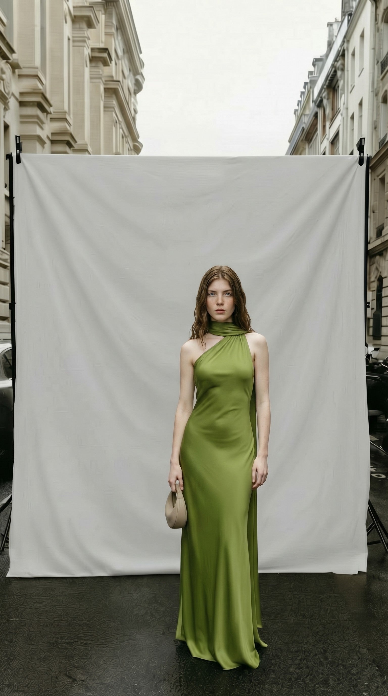 Celine Asymmetric Satin Scarf Gown