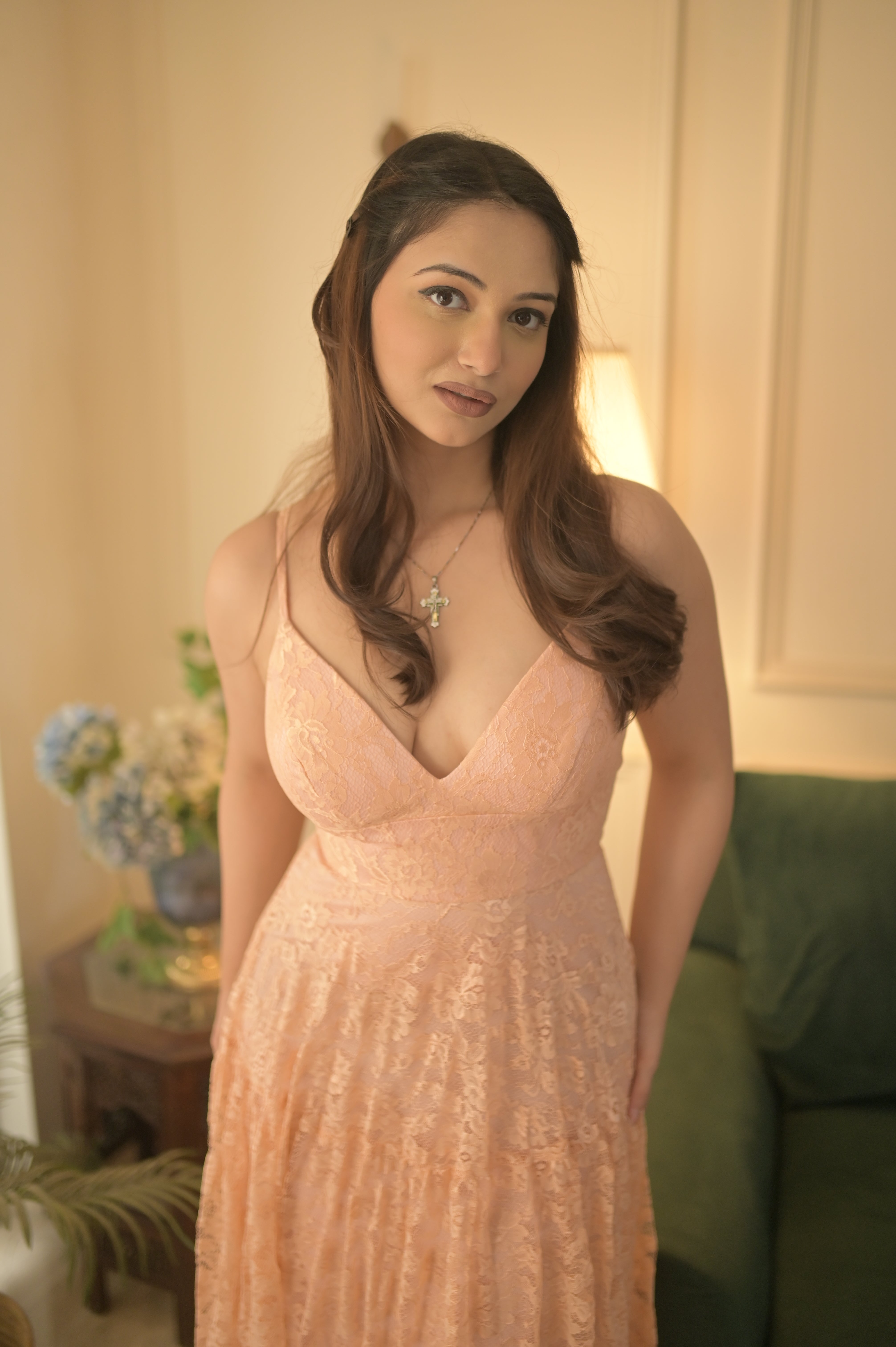 floral lace gown with sweetheart bodice – blush pink (close up)