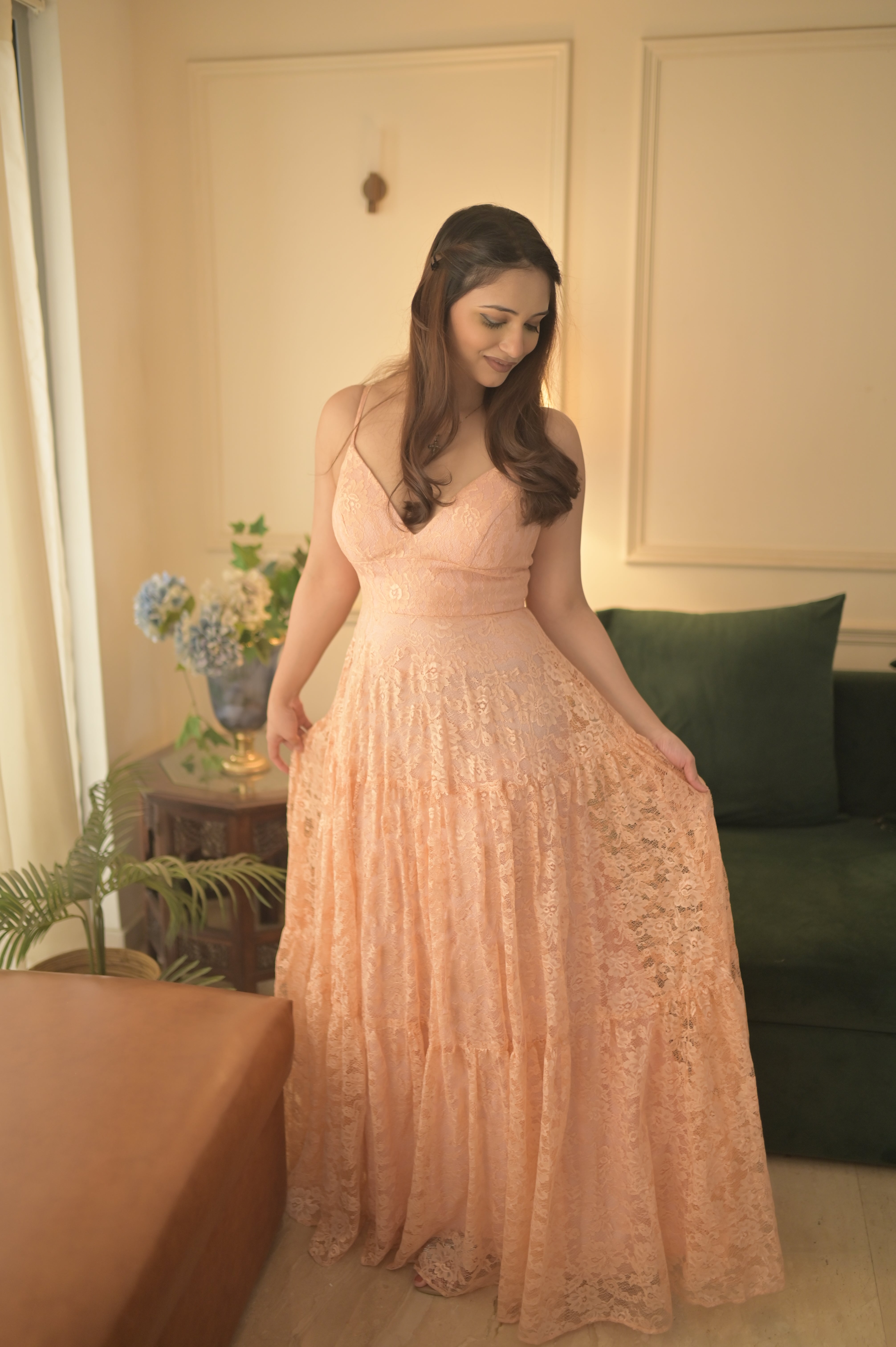 floral lace gown with sweetheart bodice – blush pink (front profile)