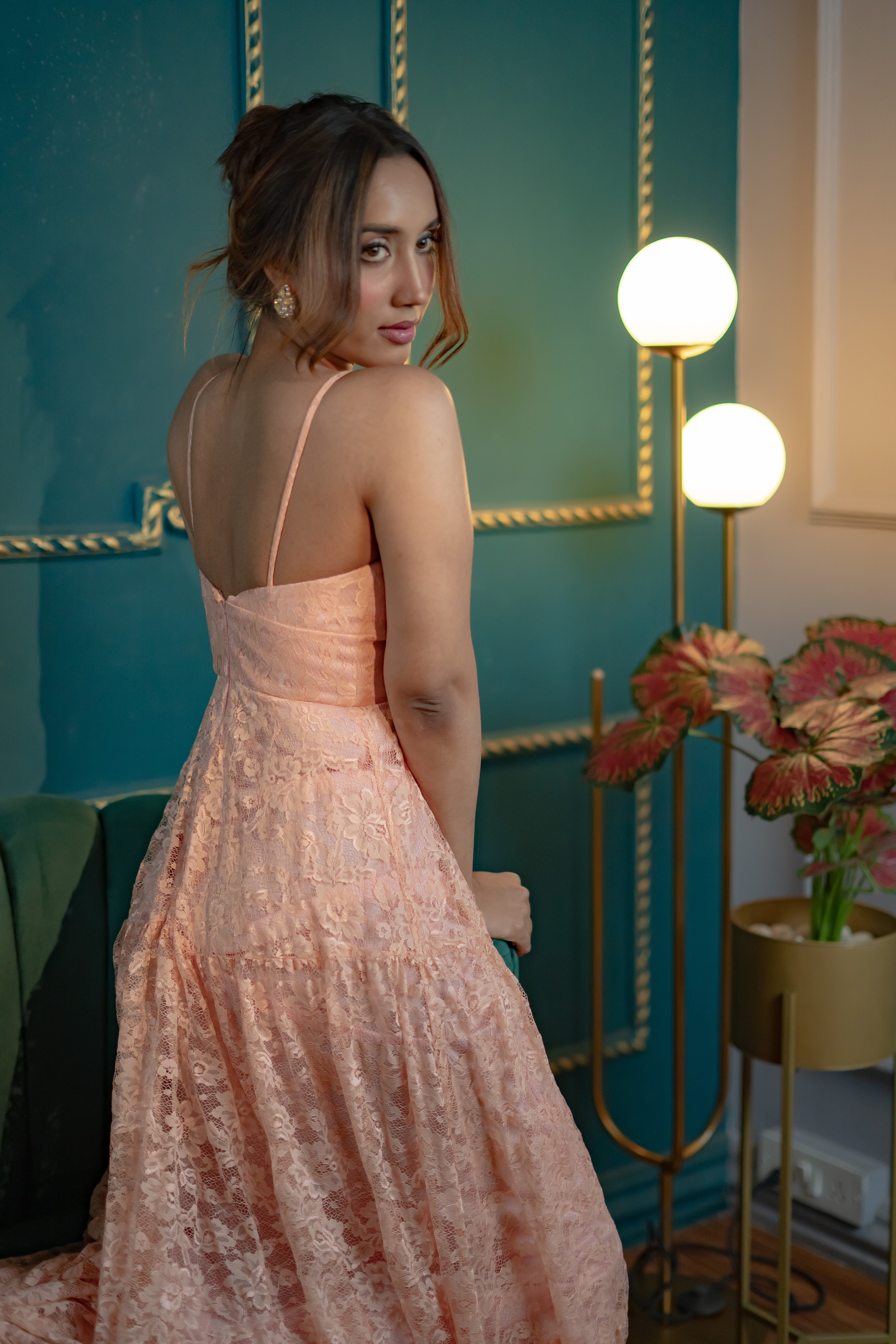 pastel pink long gown – gala or wedding guest look (left profile