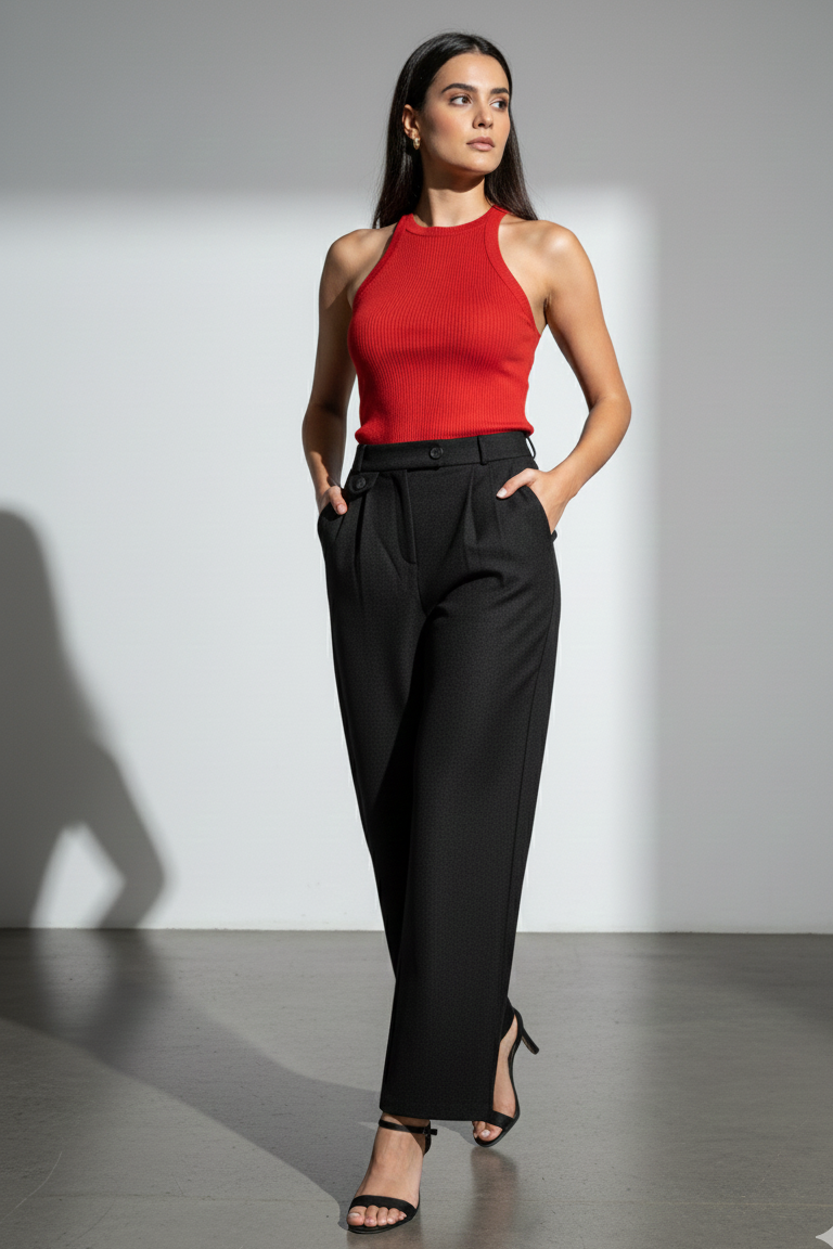 Woman wearing Sleek  Black Tailored Trousers
