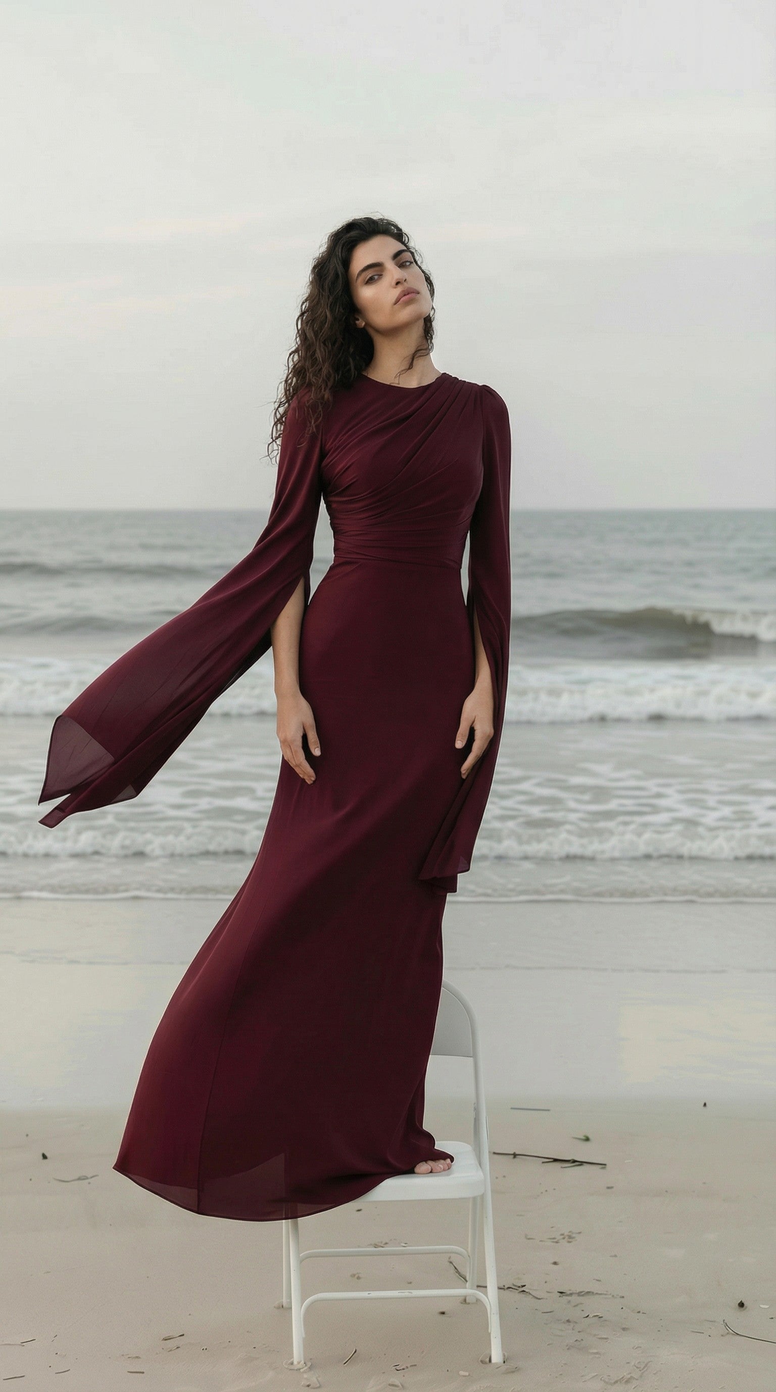 Genevieve Wine Ruched Split-Sleeve Gown