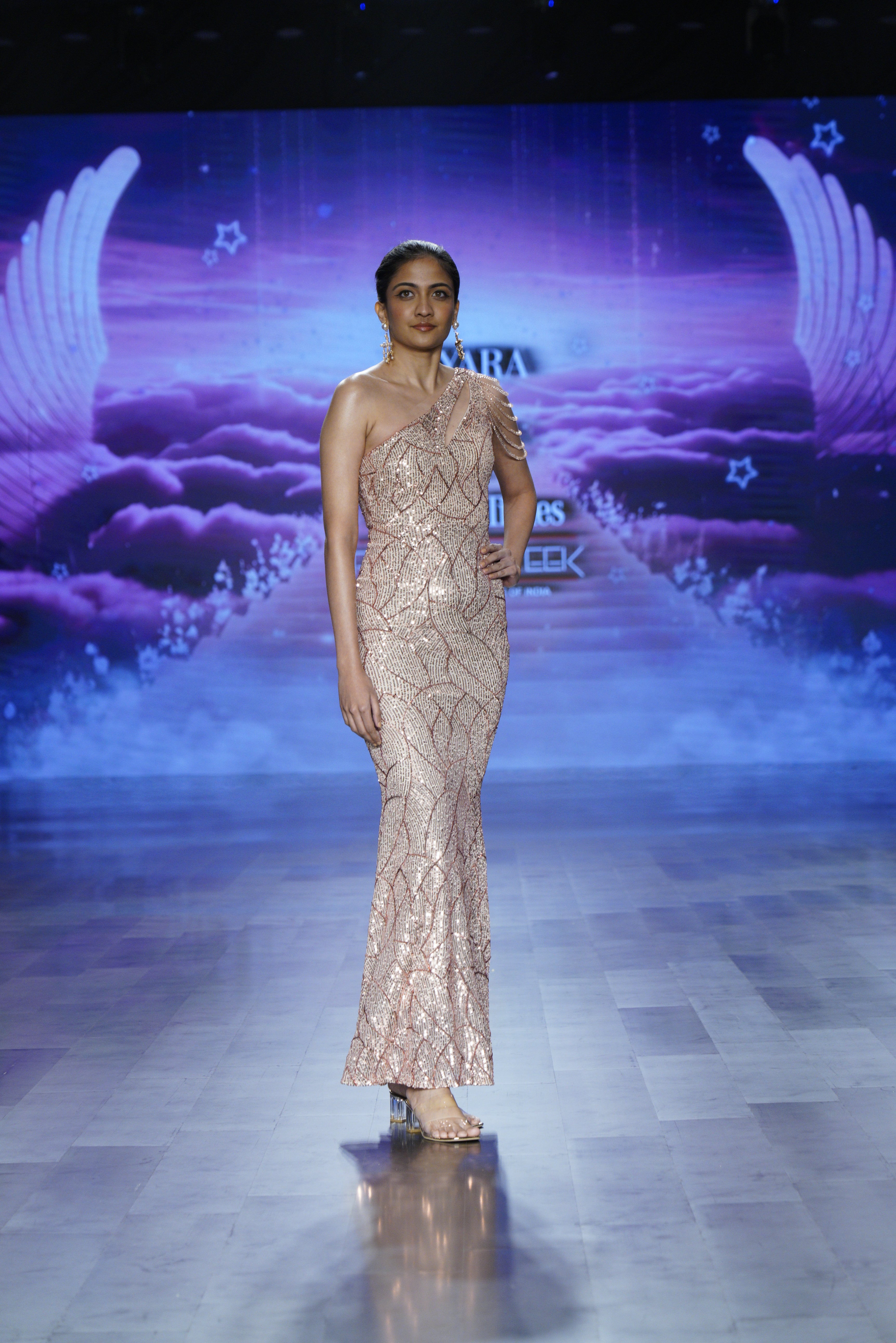 Ravya Mermaid Evening Gown: Gold Copper One-Shoulder Sequin Dress
