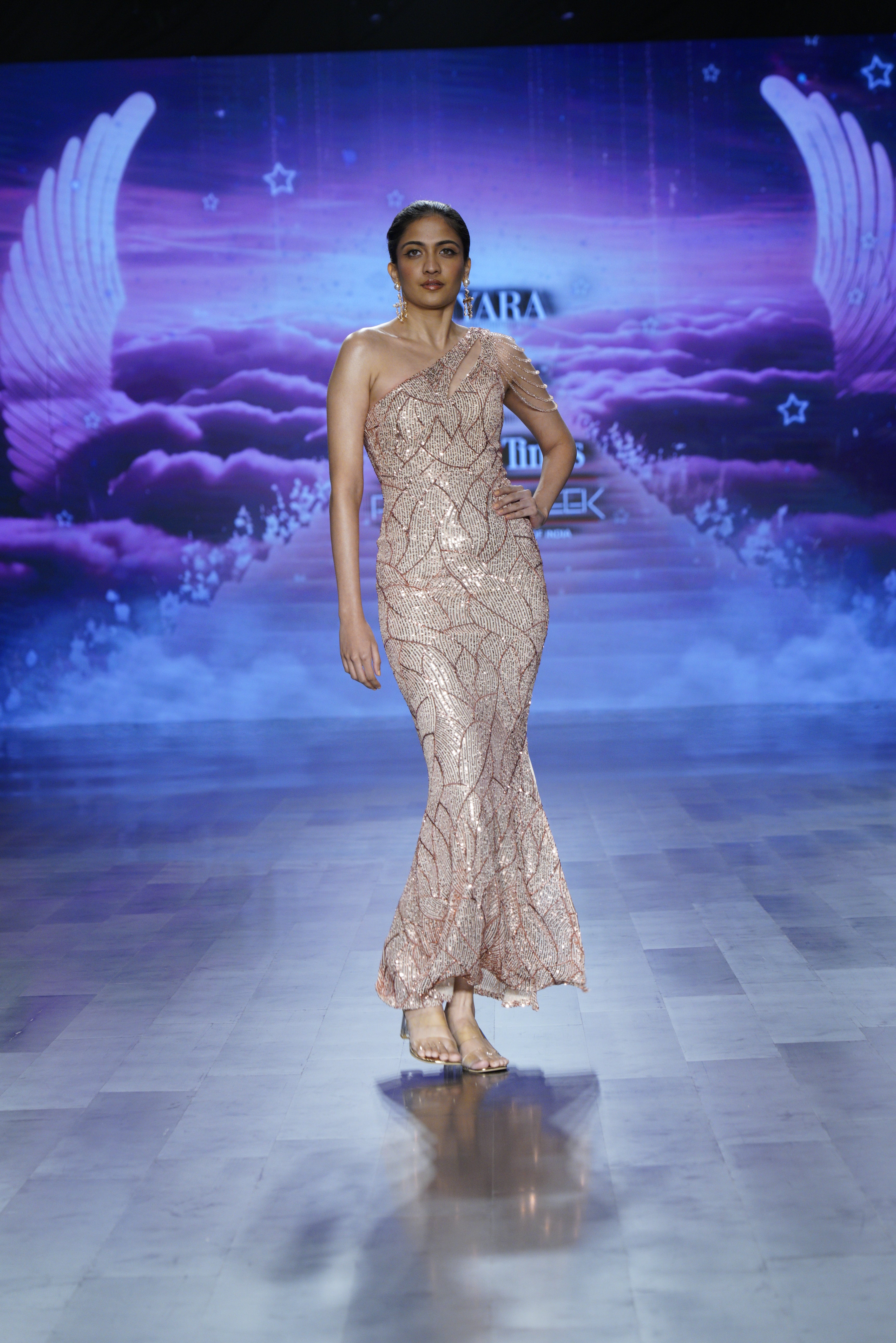 Ravya Mermaid Evening Gown: Gold Copper One-Shoulder Sequin Dress