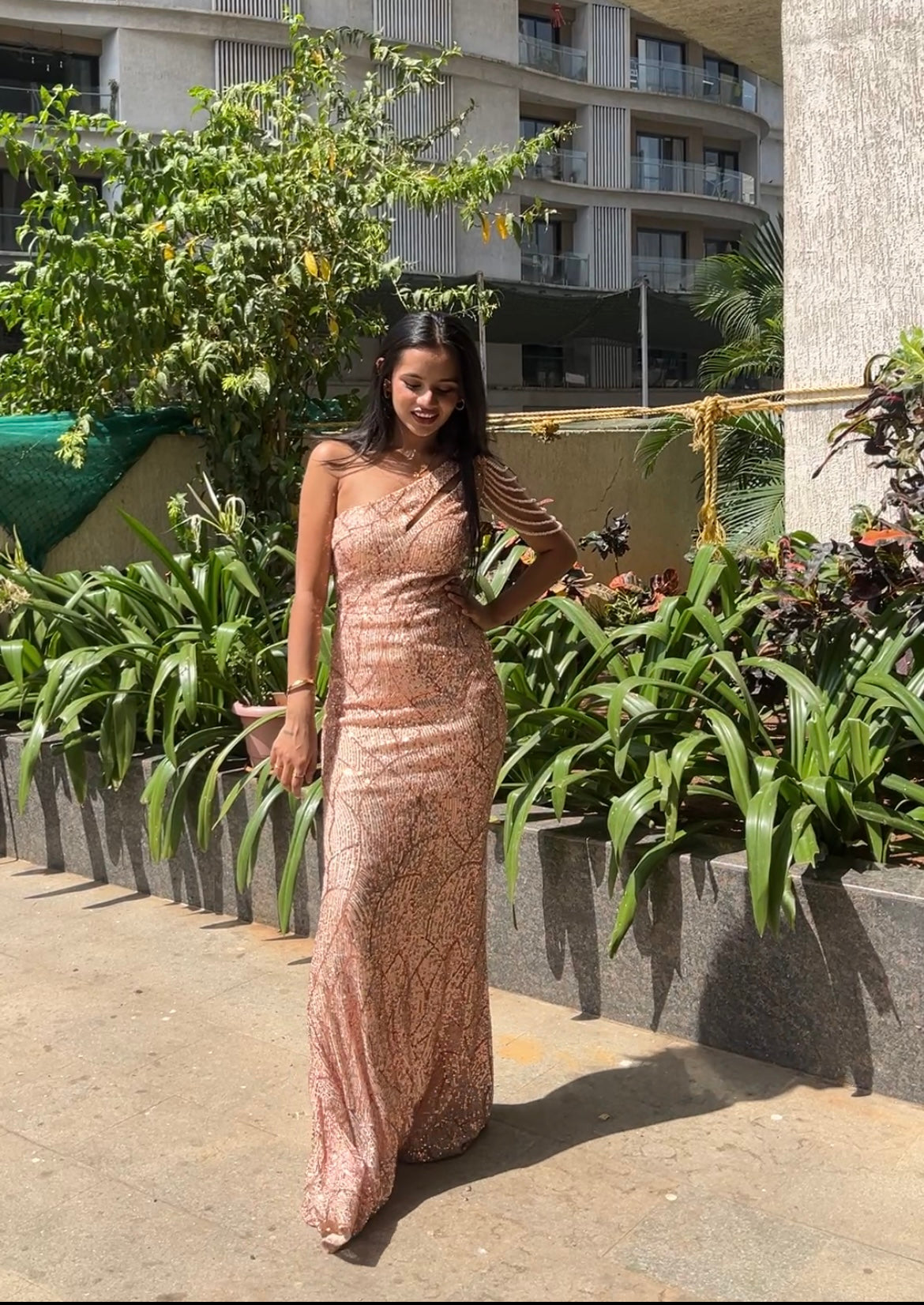Ravya Gold Copper Mermaid Gown | One-Shoulder Sequin Dress - NIYARA India Ravya Gold Copper Mermaid Gown | One-Shoulder Sequin Dress - NIYARA India