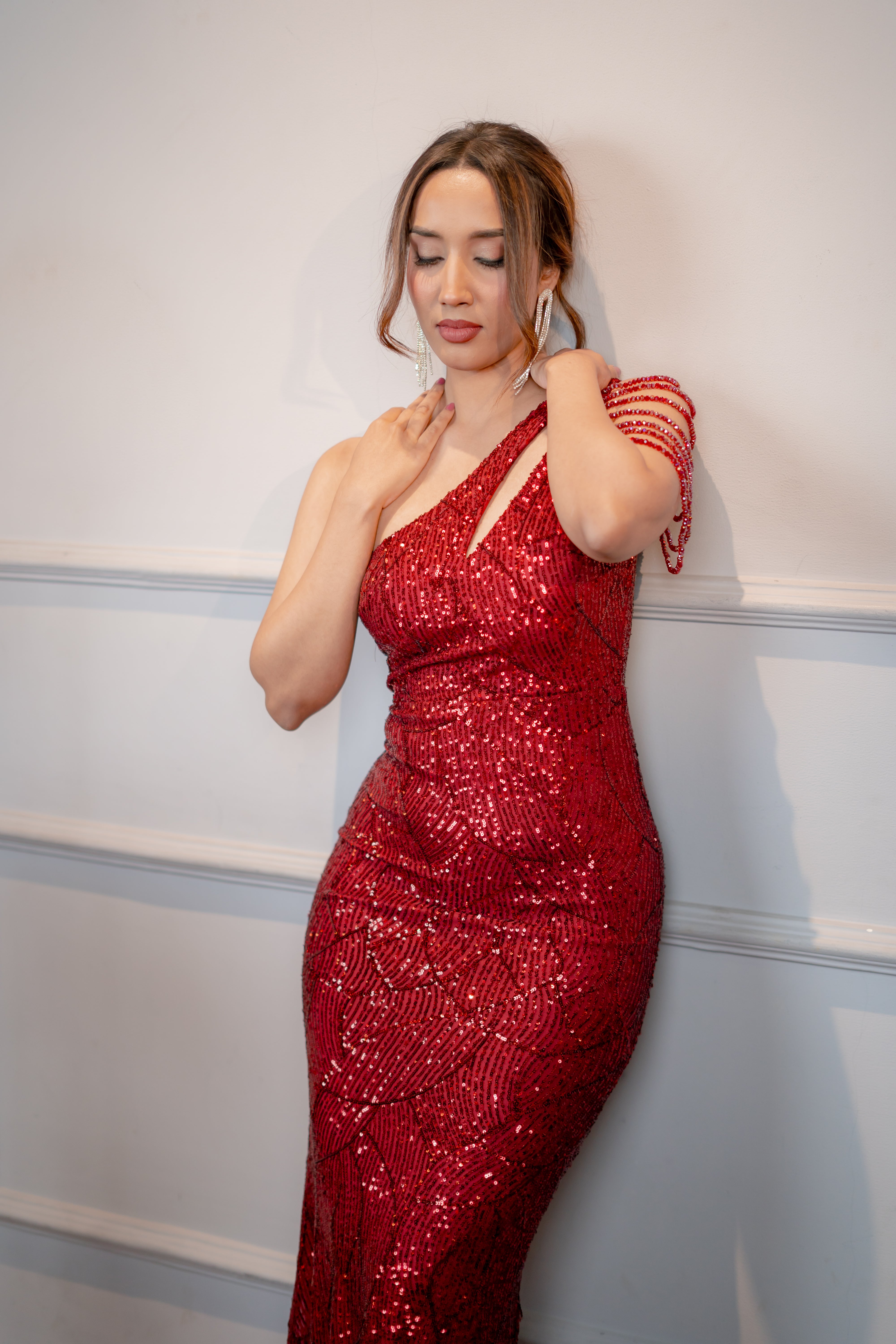 sequin mermaid gown with asymmetrical neckline (front profile)