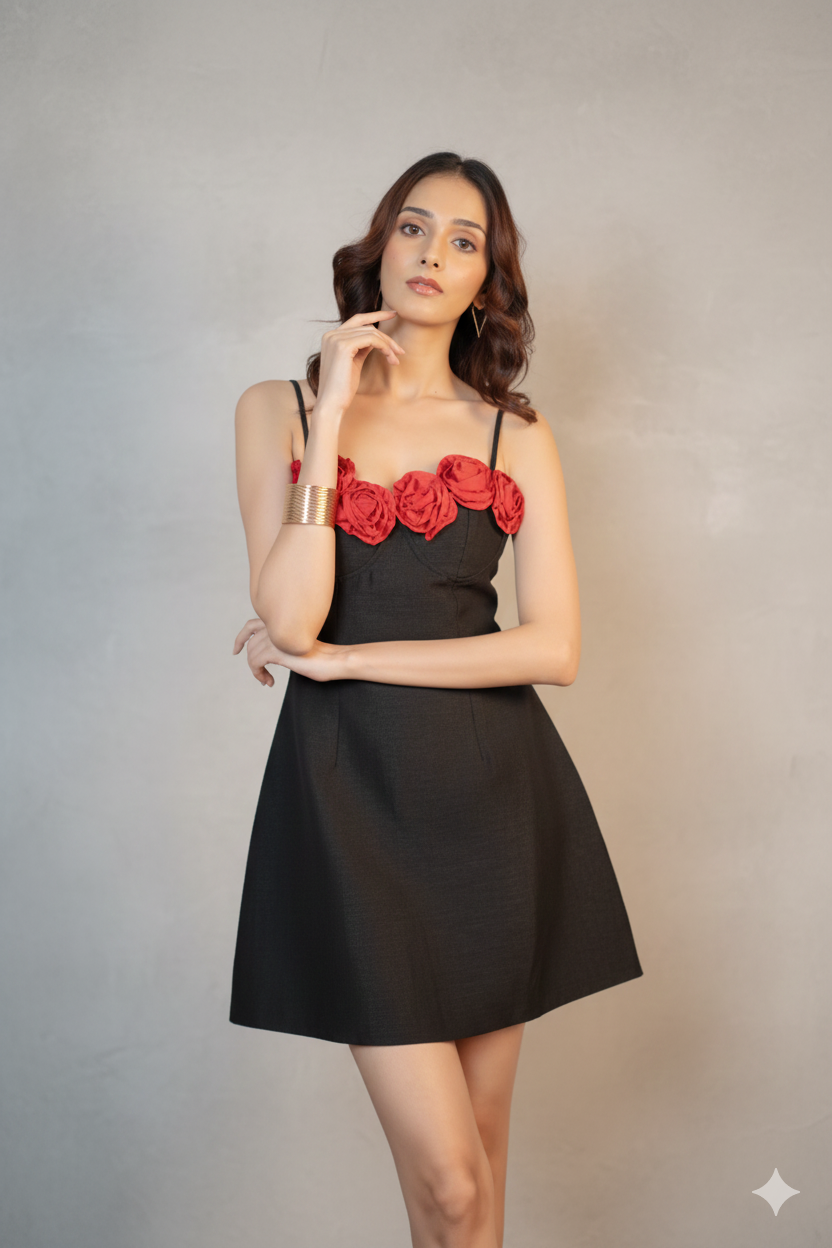 Rose Noir Floral Black A-Line Dress