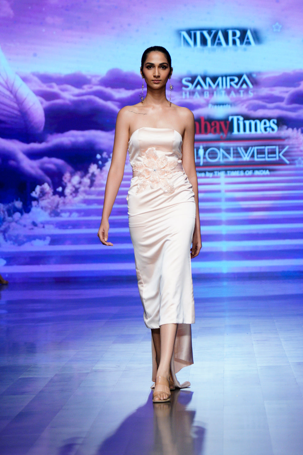 Pink satin cocktail dress for women (front profile)