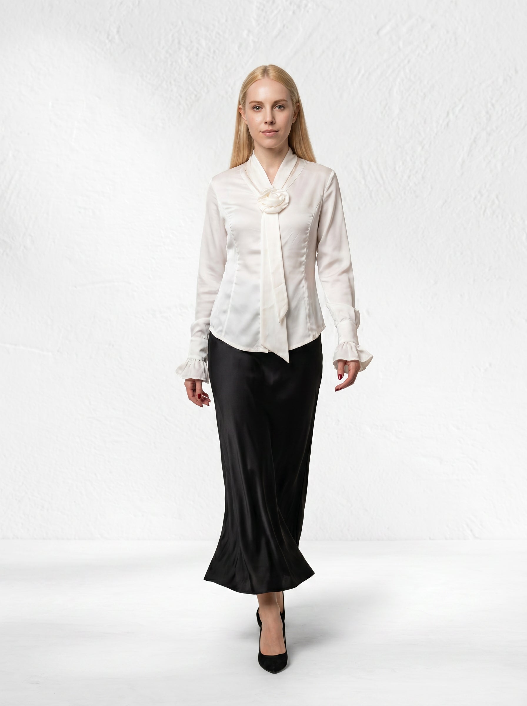 Rosette Satin Shirt – Elegant White Satin Blouse with Flounced Sleeves