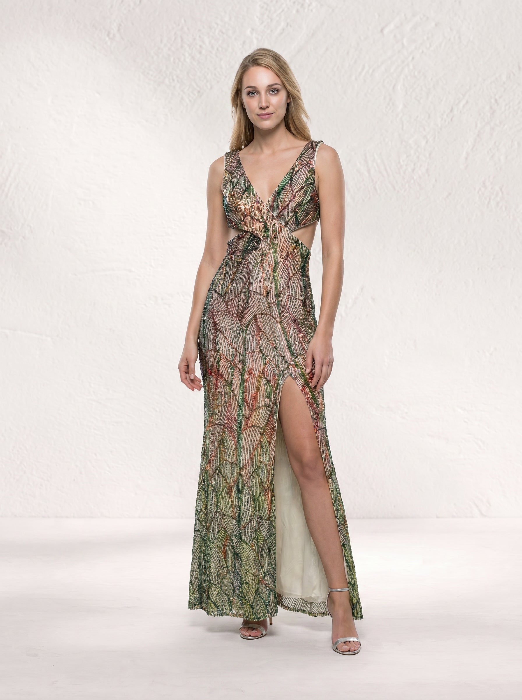 Avya Sequin Cutout Maxi Gown with High Leg Slit