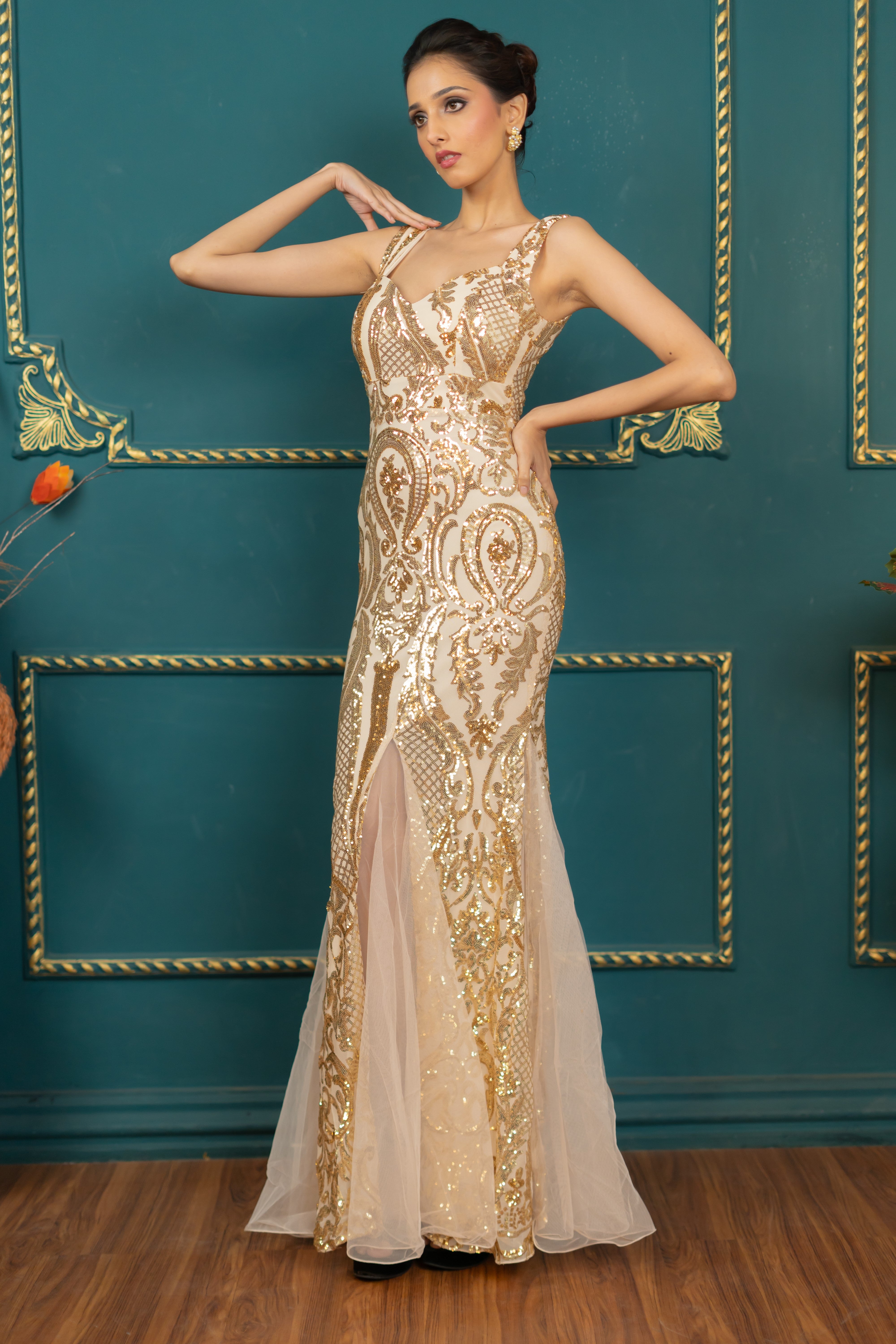 Elegant silhouette of Shubhra gown styled for red carpet (side profile)
